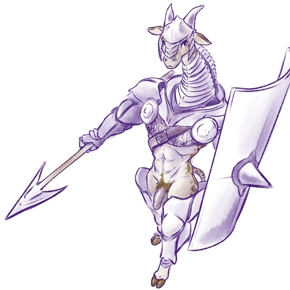 1:1 2019 abs armor clothed clothing giraffe giraffid headgear helmet holding_object holding_weapon hooves male mammal penis shield simple_background standing unimpressive weapon white_background