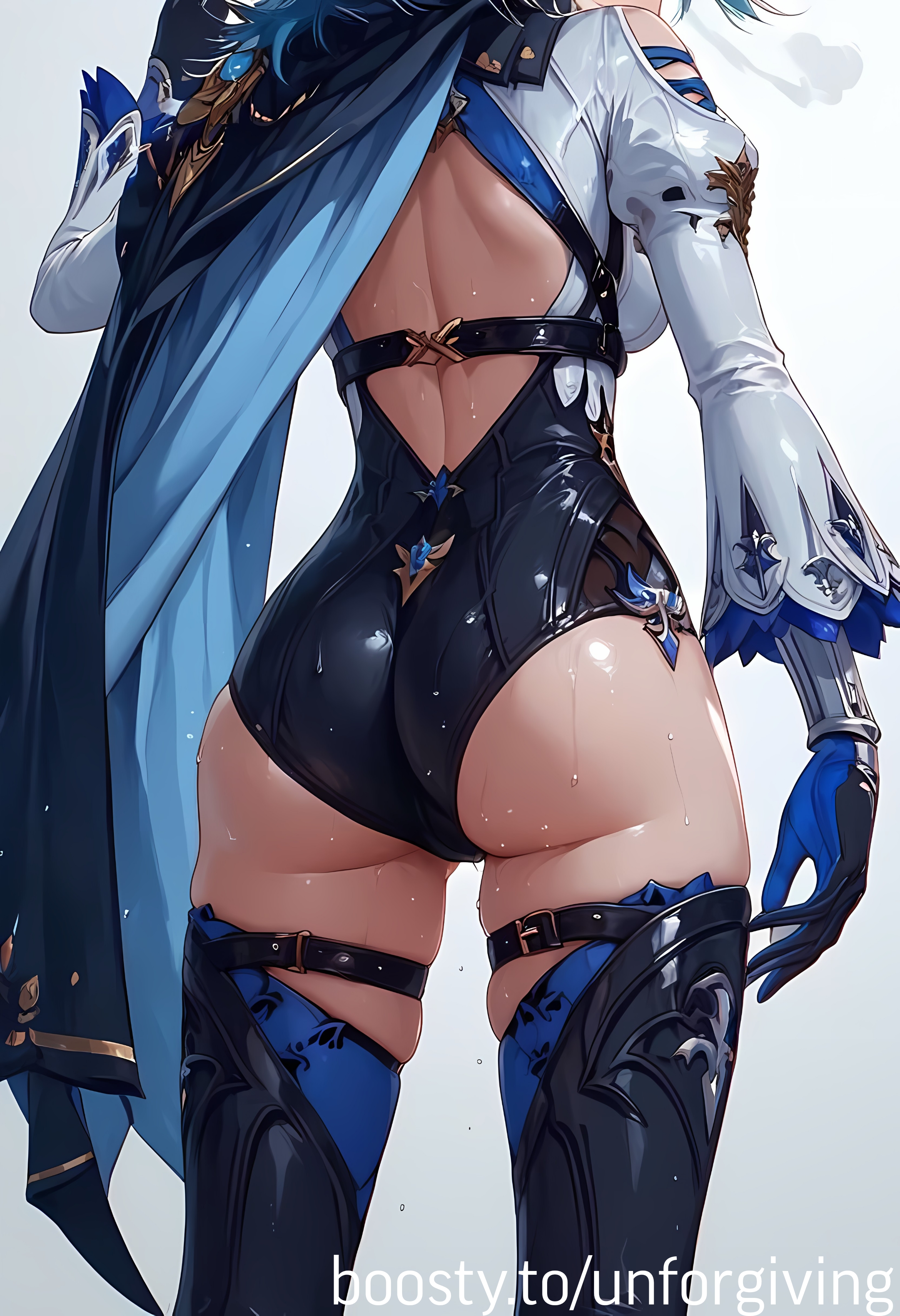ai generated, ass, ass focus, eula (genshin impact), female, genshin impact, sweat, unforgiving, wet
