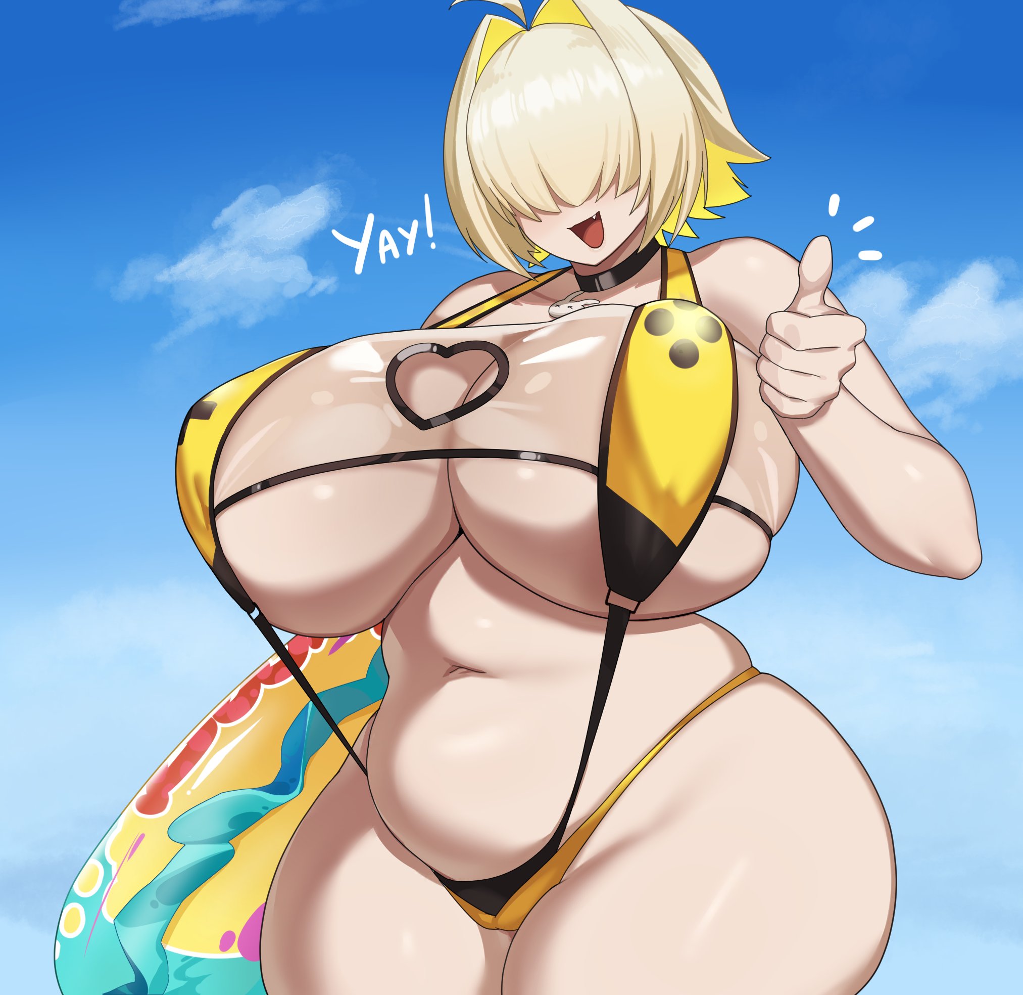 bikini, breasts, chubby, chubby belly, chubby female, elegg (boom and shock) (nikke), elegg (nikke), goddess of victory: nikke, huge breasts, muundae, thick thighs, underboob, wide hips