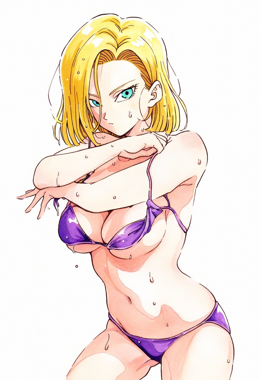 ai_assisted android_18 ass_visible_through_thighs bare_arms bare_belly bare_legs bare_shoulders bare_thighs belly_button big_breasts bikini blonde_hair blue_eyes blush body_blush breasts cleavage dragon_ball hip_bones jei_games purple_bikini removing_bikini_top short_hair sideboob thighs underboob wet_body wet_hair