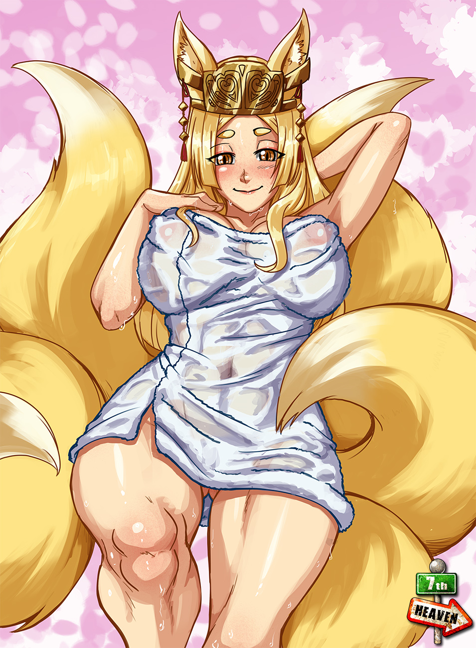 1girls, 7th-heaven, animal ears, areolae, big breasts, breasts, female, female only, high school dxd, large breasts, looking at viewer, muscular, muscular female, muscular legs, nipples, solo, text, thick thighs, watermark, wet, wide hips, yasaka (high school dxd)