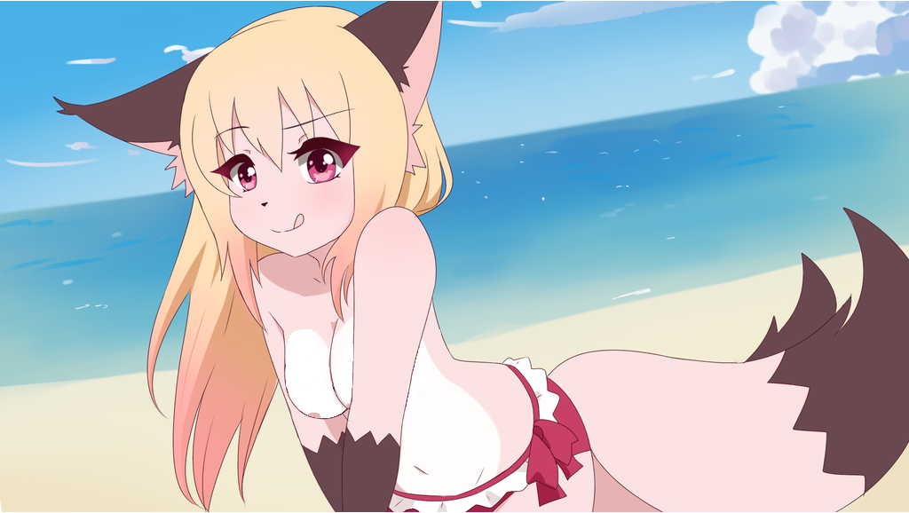 animal_ears edit foxgirl furry looking_at_viewer luna_(wolfychu) seaside smiling_at_viewer tagme tongue_out topless_female