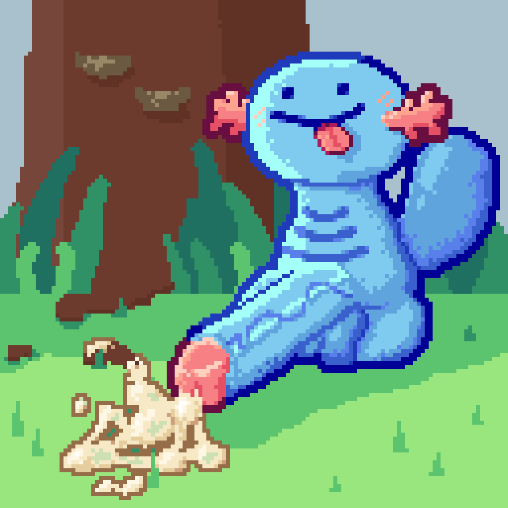 1:1 amphibian armless balls big_penis blue_balls blue_body blue_penis bodily_fluids cilokyne cum cum_on_ground digital_media_(artwork) ejaculation feral fungus generation_2_pokemon genital_fluids genitals grass humanoid_genitalia humanoid_penis male nintendo nude outside penis pixel_(artwork) plant pokemon pokemon_(species) smile smooth_skin solo tail thick_tail tongue tongue_out tree wooper