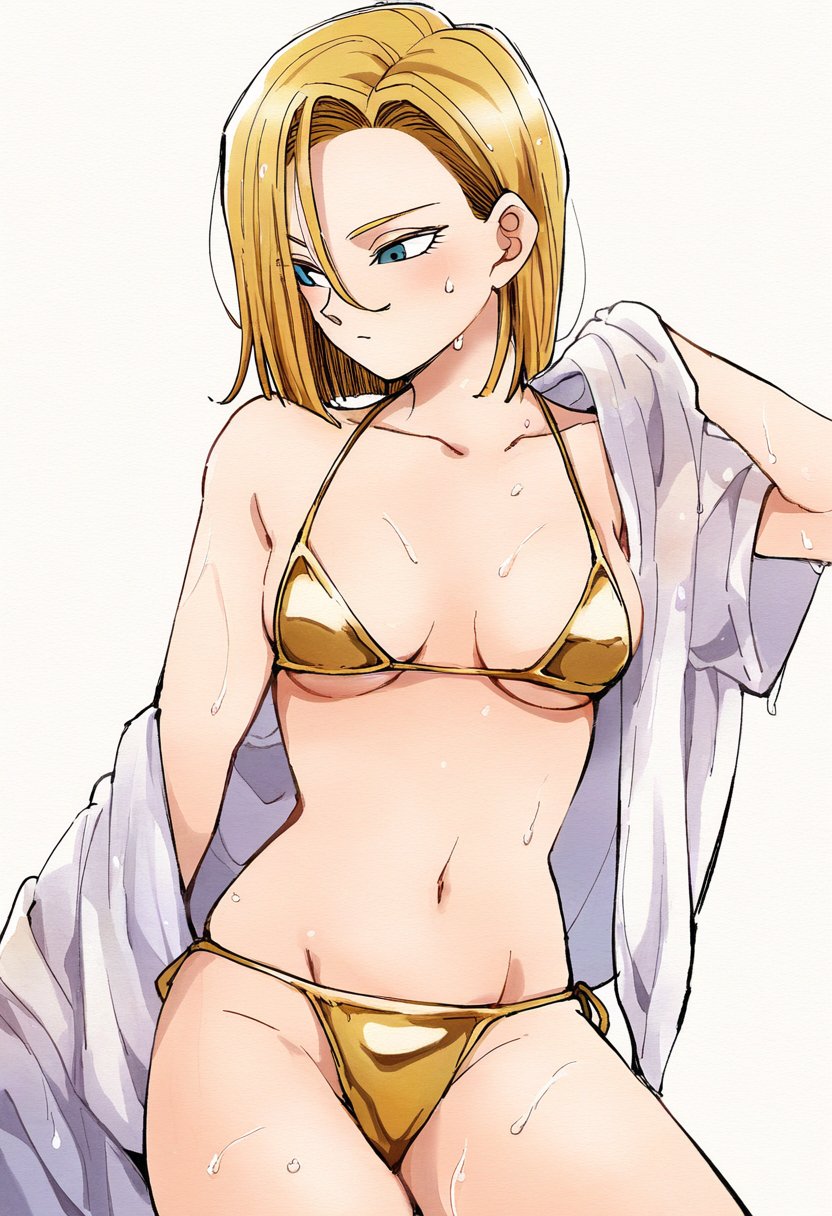 ai_assisted ai_generated android_18 ass_visible_through_thighs bare_arms bare_belly bare_legs bare_shoulders bare_thighs belly_button bikini blonde_hair blue_eyes blush breasts cleavage closed_mouth collarbone dragon_ball golden_bikini groin jei_games medium_breasts removing_clothing short_hair sideboob thighs underboob wet_body wet_clothes wet_hair