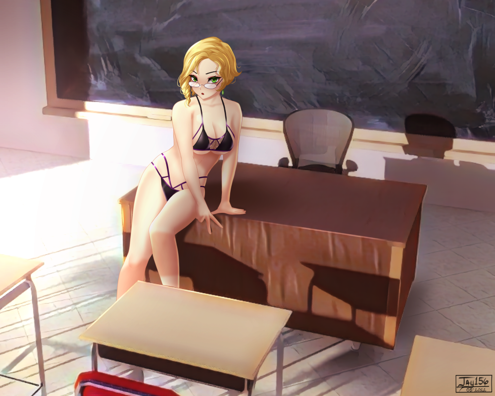 1girls artist_signature bikini black_bikini blonde_hair classroom female glasses glynda_goodwitch green_eyes jay156 light-skinned_female looking_at_viewer mature_female rwby solo tagme teacher