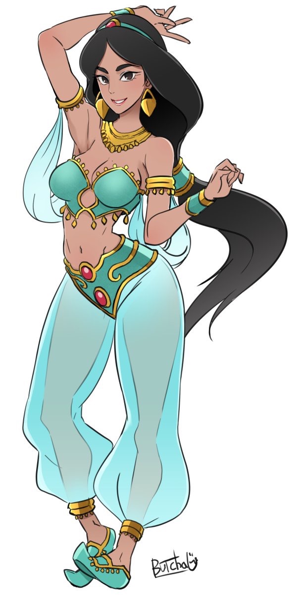 1girls, aladdin, arabian, arabian clothes, armpits, butcha-u, clothed, clothing, dancing, dark skin, dark-skinned female, disney, disney princess, earrings, female, female only, gemstone, harem outfit, long hair, looking at viewer, midriff, posing, princess, princess jasmine, royalty, see-through, smile, smiling, solo, very long hair