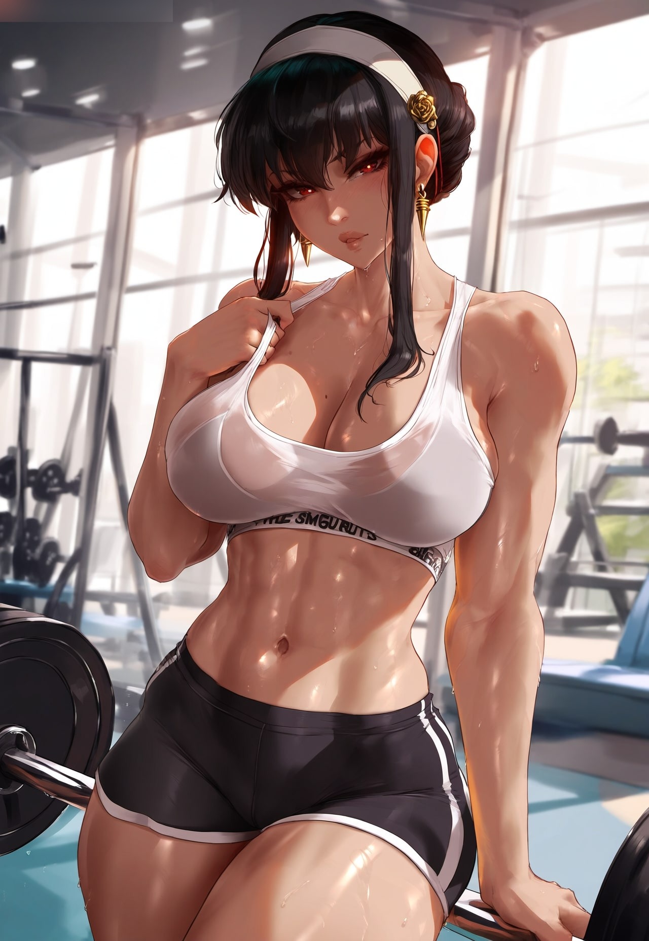1girls, abs, ai generated, cameltoe, cleavage, female, female only, gym, gym clothes, gym uniform, human, klausherbert, looking at viewer, muscular, muscular female, pussy, seductive look, shorts, solo, sports bra, spy x family, thick thighs, wide hips, yor briar, yor forger