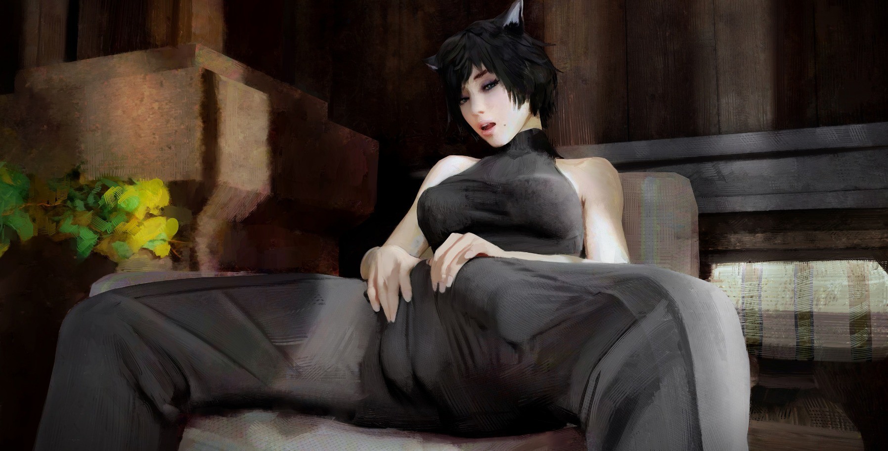 1futa, balls, big penis, breasts, bulge, cat girl, catgirl, cleavage, diathorn, dickgirl, erection, erection under clothes, female, final fantasy, final fantasy xiv, futa only, futanari, intersex, looking at viewer, miqo'te, penis, penis under clothes, solo, solo futa, spread legs, testicles