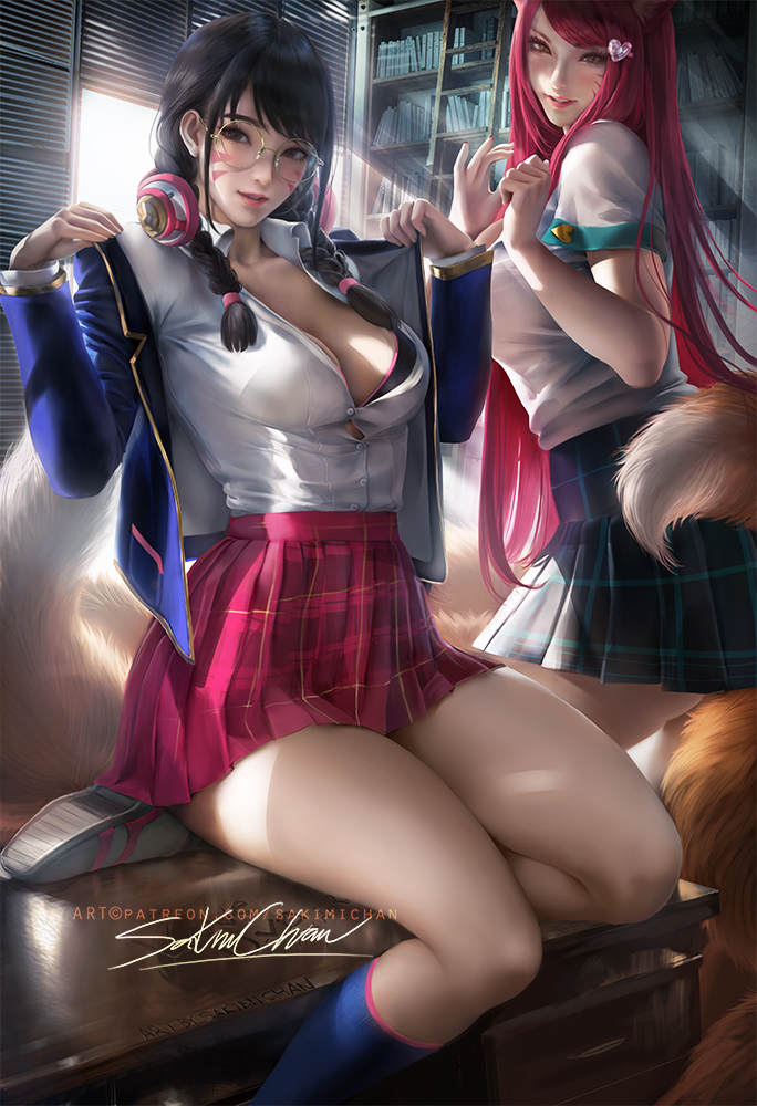 2girls, academy ahri, academy d.va, ahri, alternate costume, animal ears, big breasts, black hair, blizzard entertainment, blush, book, bookshelf, bra cups sticking out, breasts, cleavage, d.va, face markings, female, female only, fox ears, fox tail, glasses, large breasts, league of legends, looking at viewer, on desk, overwatch, pink hair, riot games, sakimichan, school uniform, sitting, skirt, socks