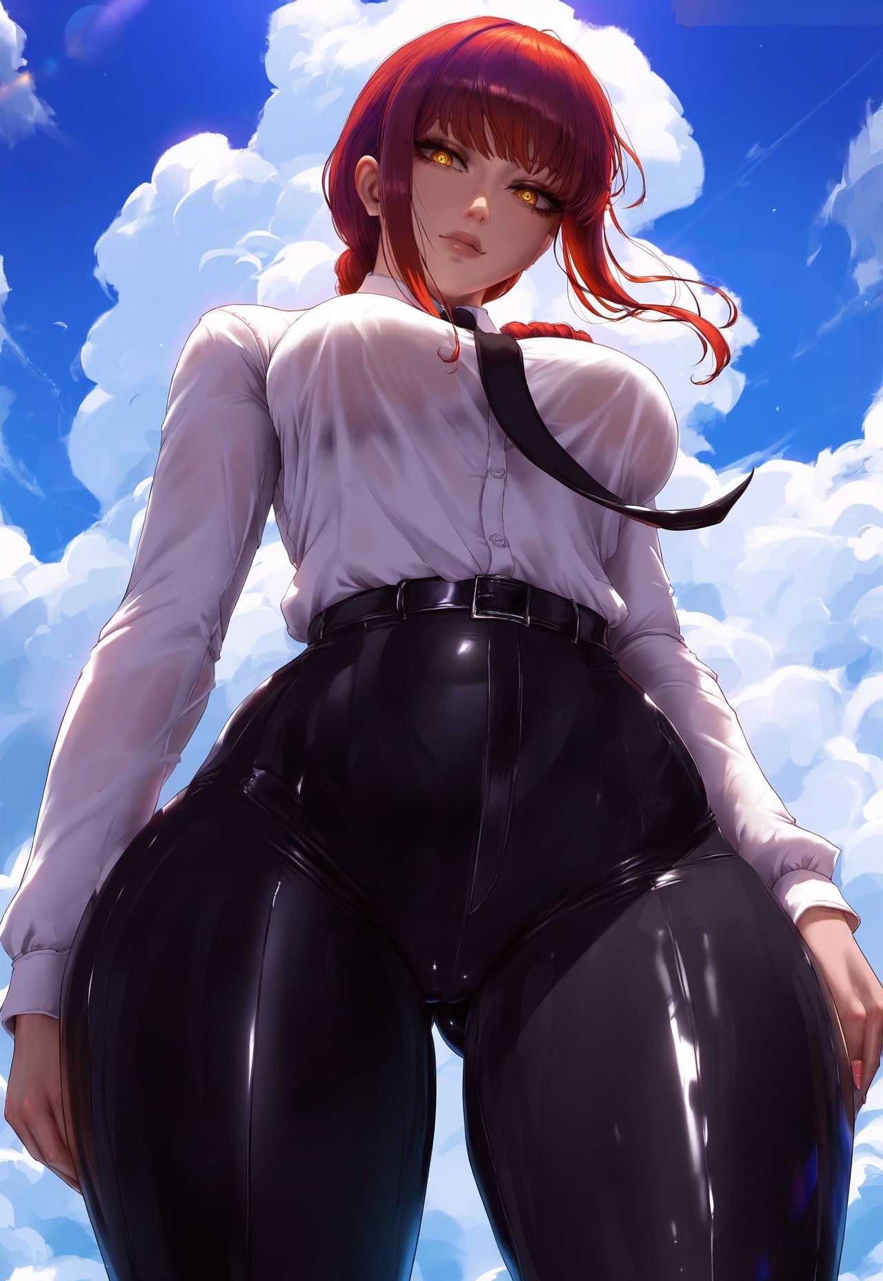 ai generated, black legwear, breasts, cameltoe, chainsaw man, female, klausherbert, large breasts, looking at viewer, makima (chainsaw man), office lady, outdoors, outside, pussy, red hair, t-shirt, tight clothing, white shirt, yellow eyes