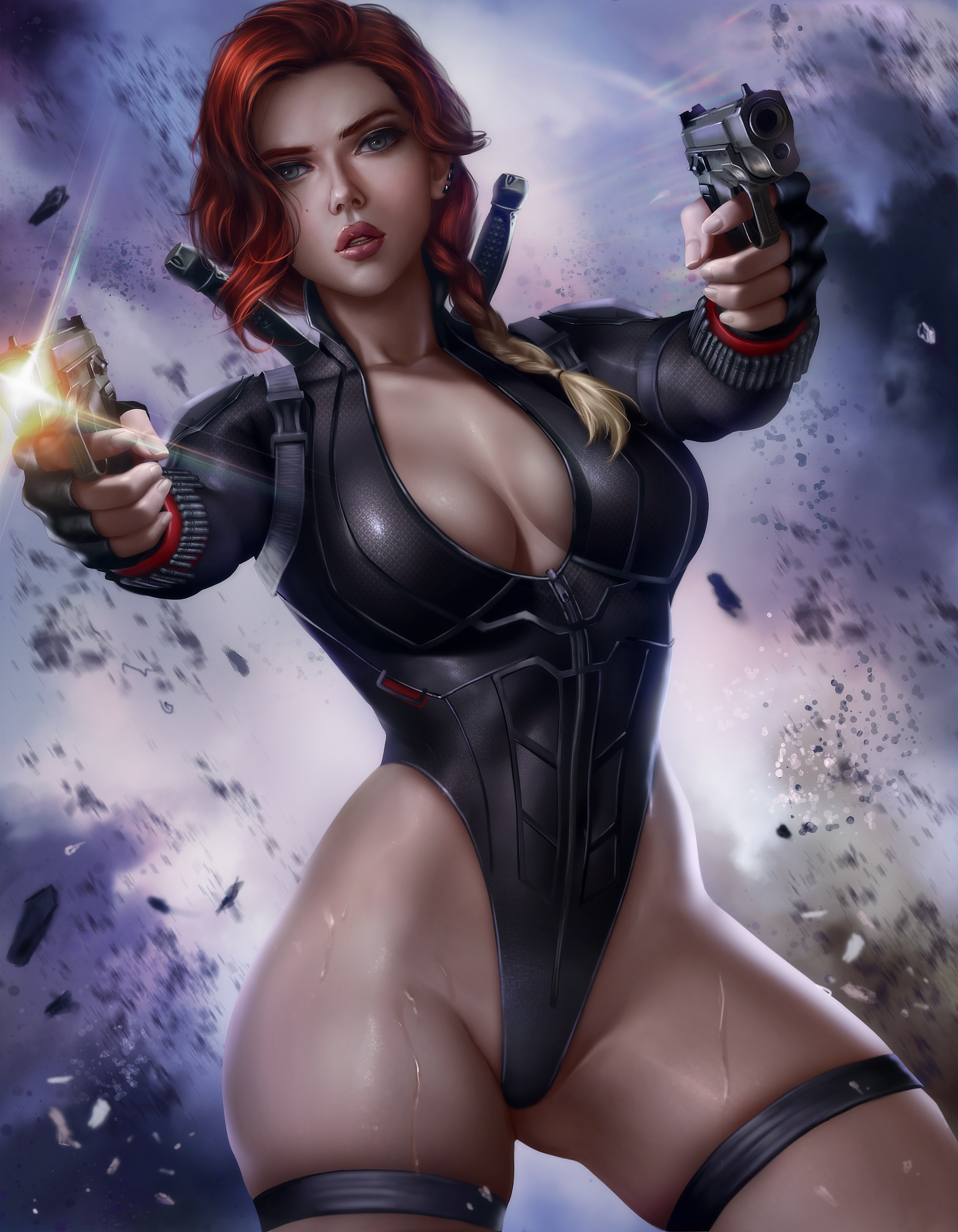 1girls, ass, avengers, avengers: endgame, big ass, black widow (marvel), braid, dual wielding, female, female only, gun, hourglass figure, human, human only, leotard, light skin, light-skinned female, logan cure, looking at viewer, marvel, marvel cinematic universe, marvel comics, natasha romanoff, red hair, scarlett johansson, solo, solo female, tactical nudity, tagme, tight clothing, unzipped, voluptuous