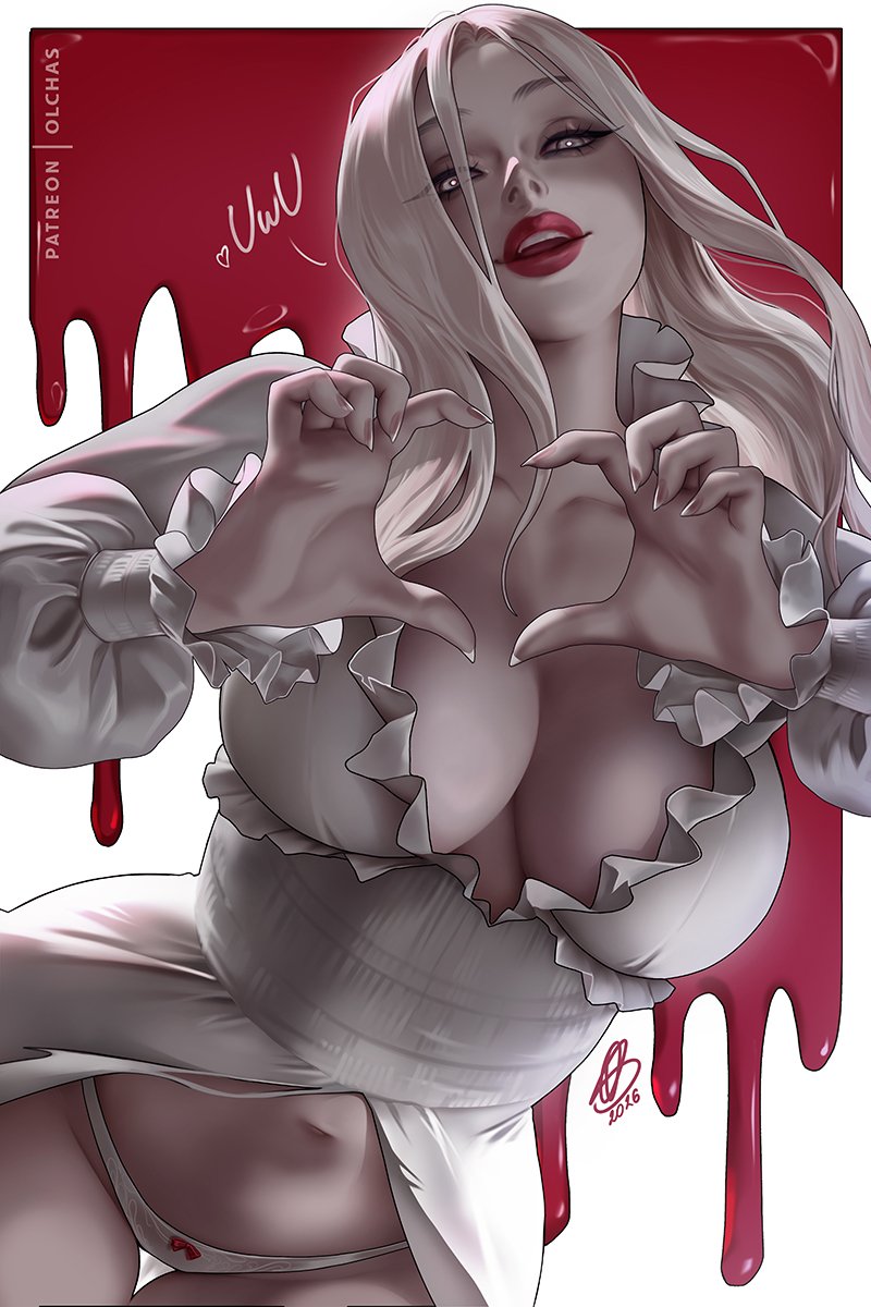 1girls, 2026, big breasts, boob window, capcom, dress, eyelashes, female, female only, heart hands, long hair, looking at viewer, narrowed eyes, olchas, pale skin, pale-skinned female, panties, red lipstick, resident evil, resident evil 9: requiem, selena corey, smiling, smiling at viewer, solo, white dress, white eyes, white hair, zombie, zombie girl