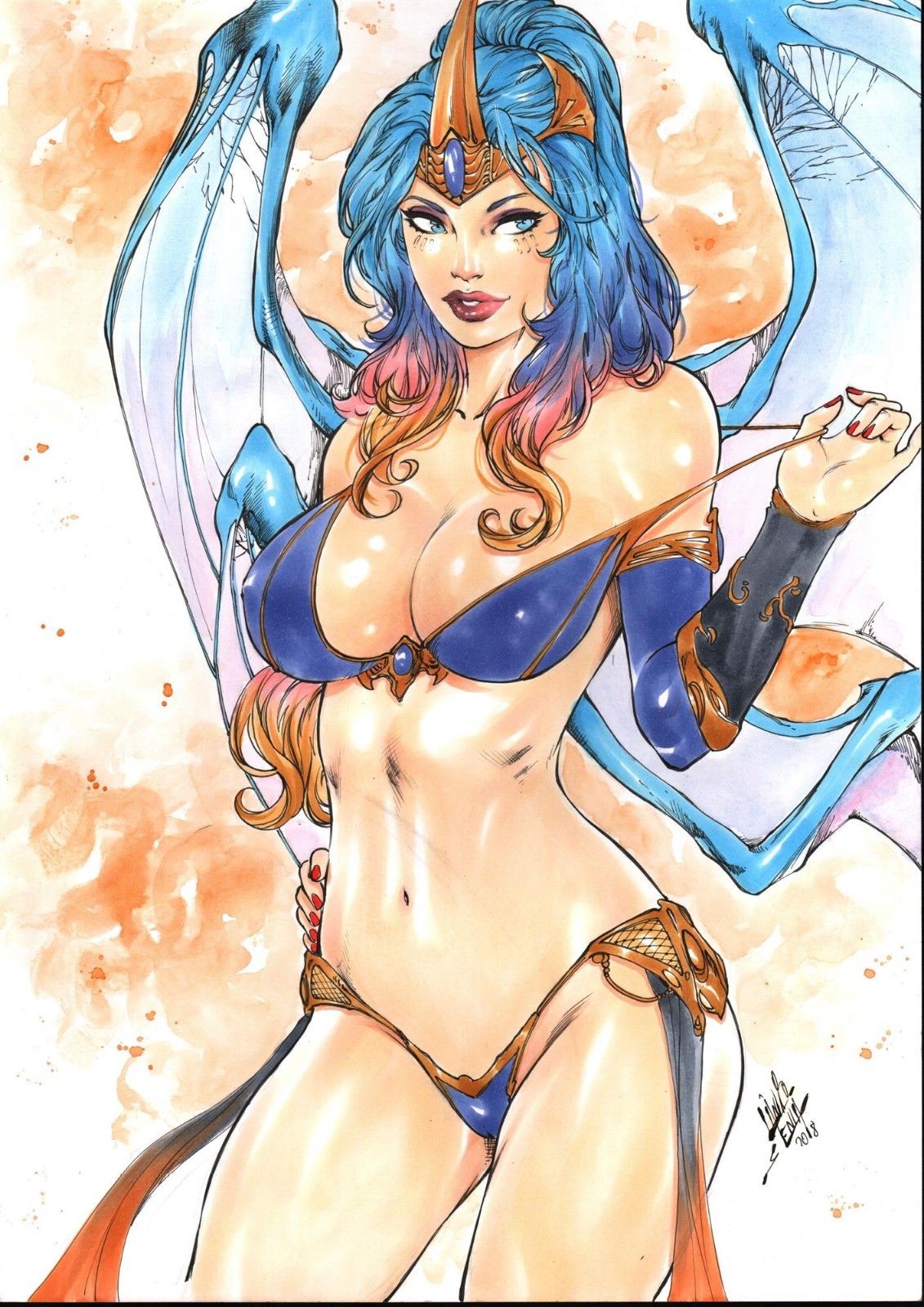 1girls 2018 abstract_background aspen_mlt belly_button big_breasts blue_bra blue_eyes blue_hair blue_panties blue_thong blue_wings bra bra_pull breasts busty cleavage crown curvaceous curvy dated dragon_wings ed_benes_studio erect_nipples fairy_wings female female_only grace headpiece headwear highlights human lanio_sena long_hair midriff nail_polish navel nipple_bulge nipples nipples_visible_through_clothing ombre_hair orange_background orange_highlights panties rahtumi red_highlights red_lips red_lipstick red_nail_polish red_nails signature solo soulfire stomach thighs thong voluptuous wings