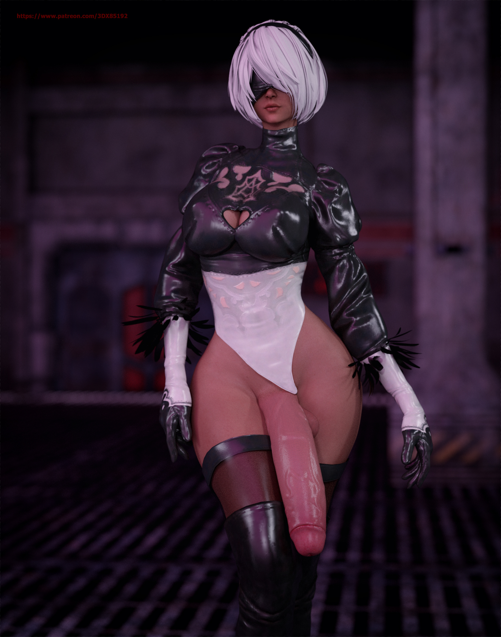 1futa, 3d, 3dx851, balls, breasts, dickgirl, exposed penis, futa only, futanari, half-erect, huge cock, hyper penis, ineffective clothing, intersex, long penis, nier, nier: automata, penis, penis to the knees, solo, solo futa, testicles, thick thighs, thighhighs, veiny penis, yorha 2b