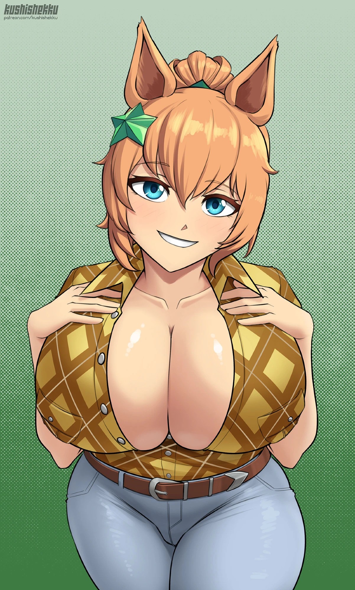 1girls, animal ears, artist name, belt, blush, breasts, cleavage, hair ornament, head tilt, horse ears, horse girl, huge breasts, kushishekku, looking at viewer, open clothes, parted lips, ponytail, smile, solo, standing, star hair ornament, taiki shuttle (umamusume), teeth, thick thighs, thighs, umamusume, unbuttoned