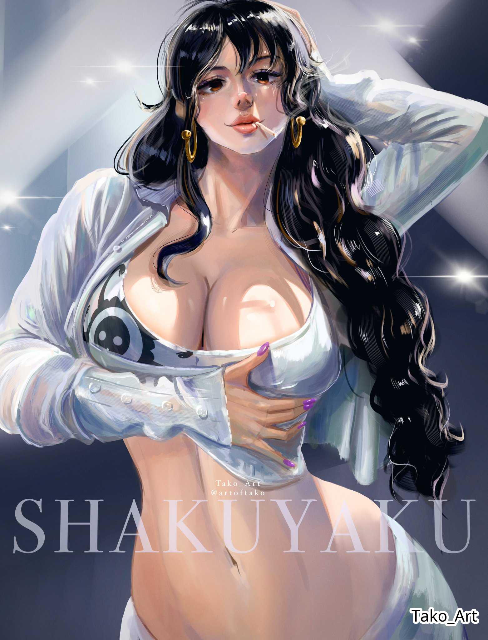 1girls, 2d, 2d (artwork), 2d artwork, adult, adult female, arm behind head, baddie, belly, belly button, big breasts, black hair, black-haired female, boob grab, breast grab, breast hold, breasts, brown eyes, brown-eyed female, busty, busty female, busty girl, caressing breasts, cigarette, cigarette in mouth, cigarette smoke, cleavage, collarbone, curvaceous, curvaceous body, curvaceous female, curvaceous figure, curvaceous hips, curvy, curvy body, curvy female, curvy figure, curvy hips, digital, digital art, digital drawing, digital drawing (artwork), digital media, digital media (artwork), drawing, earrings, female, female focus, female only, fingernails, fingers, fit female, fondling, fondling breasts, fondling own breast, fondling own breasts, fondling self, grabbing breast, grabbing breasts, grabbing own breast, grabbing own breasts, grabbing tits, grope, groping, groping breast, groping breasts, groping chest, groping own breast, groping own breasts, groping self, hand behind head, hand on breast, hand on chest, hand on hair, hand on head, hand on own breast, hand on own chest, hand on own hair, hand on own head, high resolution, highres, hourglass figure, large boobs, large breasts, lean figure, linea alba, lips, long hair, looking at viewer, looking down, looking down at viewer, mature, mature female, midriff, nail polish, nails, narrow waist, navel, one piece, posing, posing for the viewer, post-timeskip, purple fingernails, purple nail polish, purple nails, self fondle, self grope, shakuyaku, shueisha, simple background, slender body, slender waist, slim female, slim waist, smoke, smoking, smoking cigarette, snake earrings, solo, standing, stomach, tako art, upper body, wavy hair, weekly shonen jump, wide hips