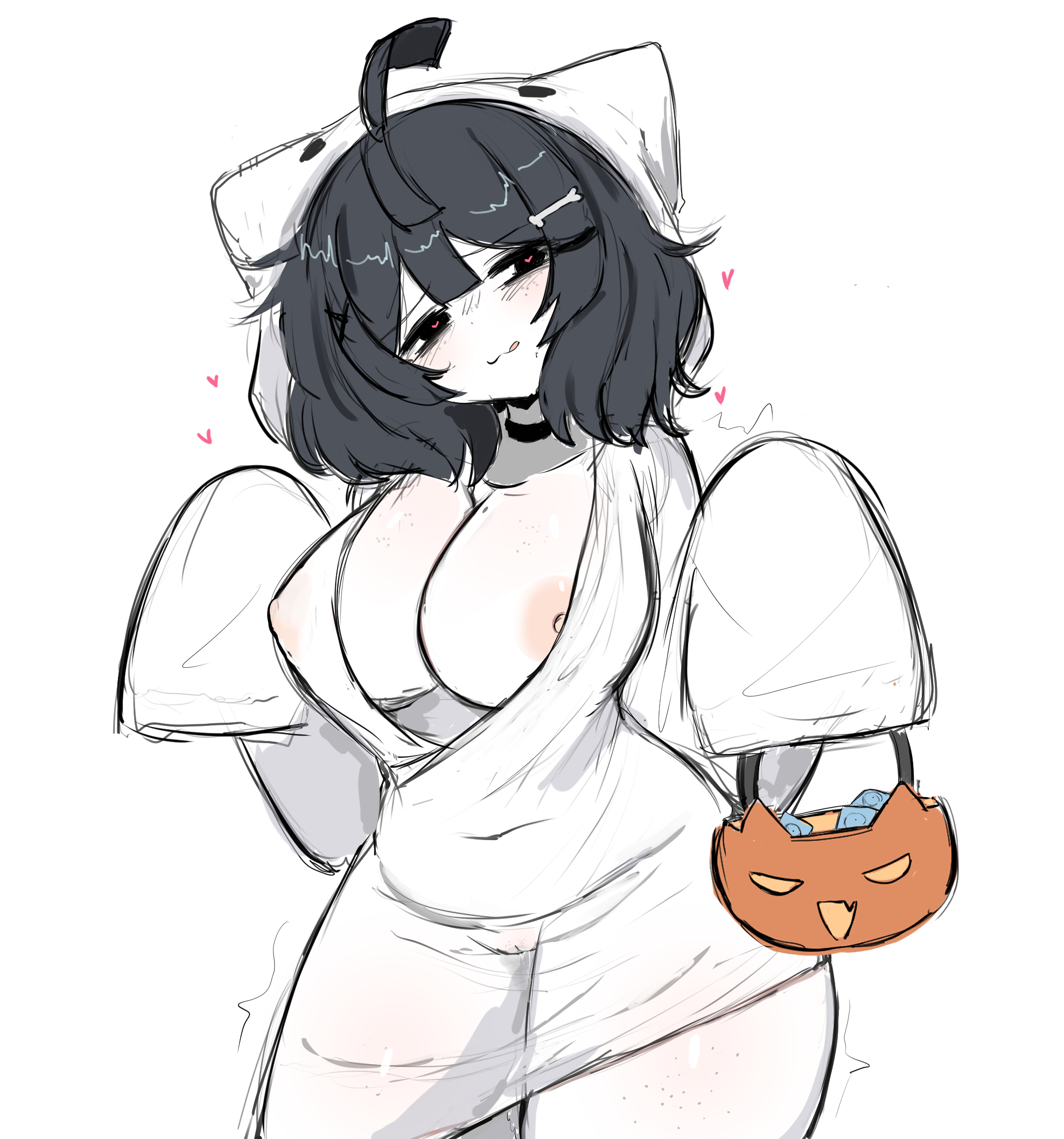 1girls, black hair, blush, breasts, clothing, female, mizu (yourmizuki), nipples, pussy, short hair, smile, wide hips, yourmizuki