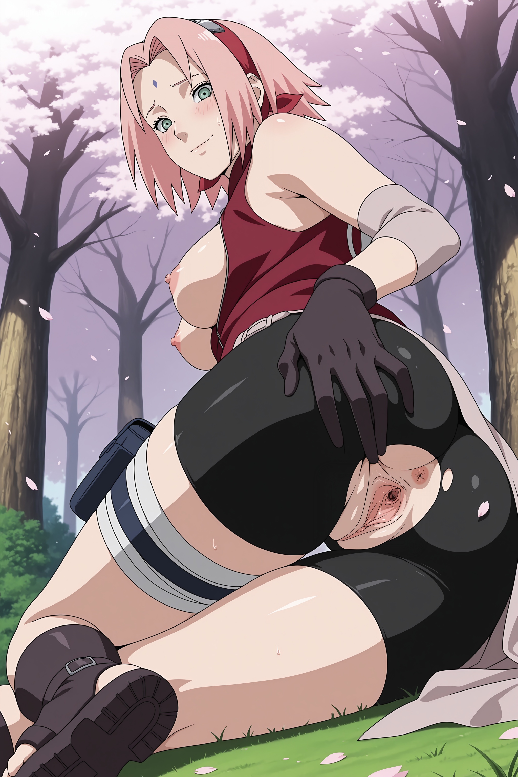 ai generated, anus, ass, bike shorts, blush, breasts, cherry blossoms, digitalwaifugallery, female, female only, green eyes, hi res, high quality, high resolution, large breasts, looking at viewer, looking back, naruto, naruto (series), naruto shippuden, ninja, nipples, outdoors, patreon, petals, pink hair, pussy, sakura haruno, seductive, sexy, short hair, smile, solo, spread pussy, torn clothes, tree, uncensored, watermark