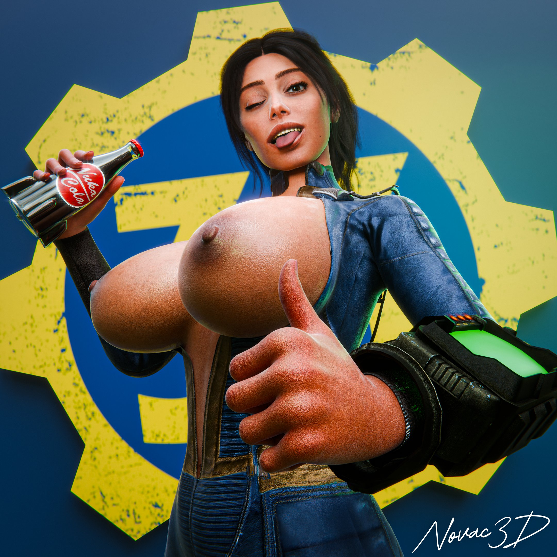 1girls, 3d, 3d (artwork), actress, artist signature, black hair, bodysuit, breasts, celebrity, ella purnell, fallout, fallout (tv series), female, female focus, female only, looking at viewer, lucy maclean, nipples, novac3d, nuka-cola, open bodysuit, pip-boy, short hair, solo, solo female, standing, thumbs up, tied hair, vault suit, watermark, wink, winking, winking at viewer
