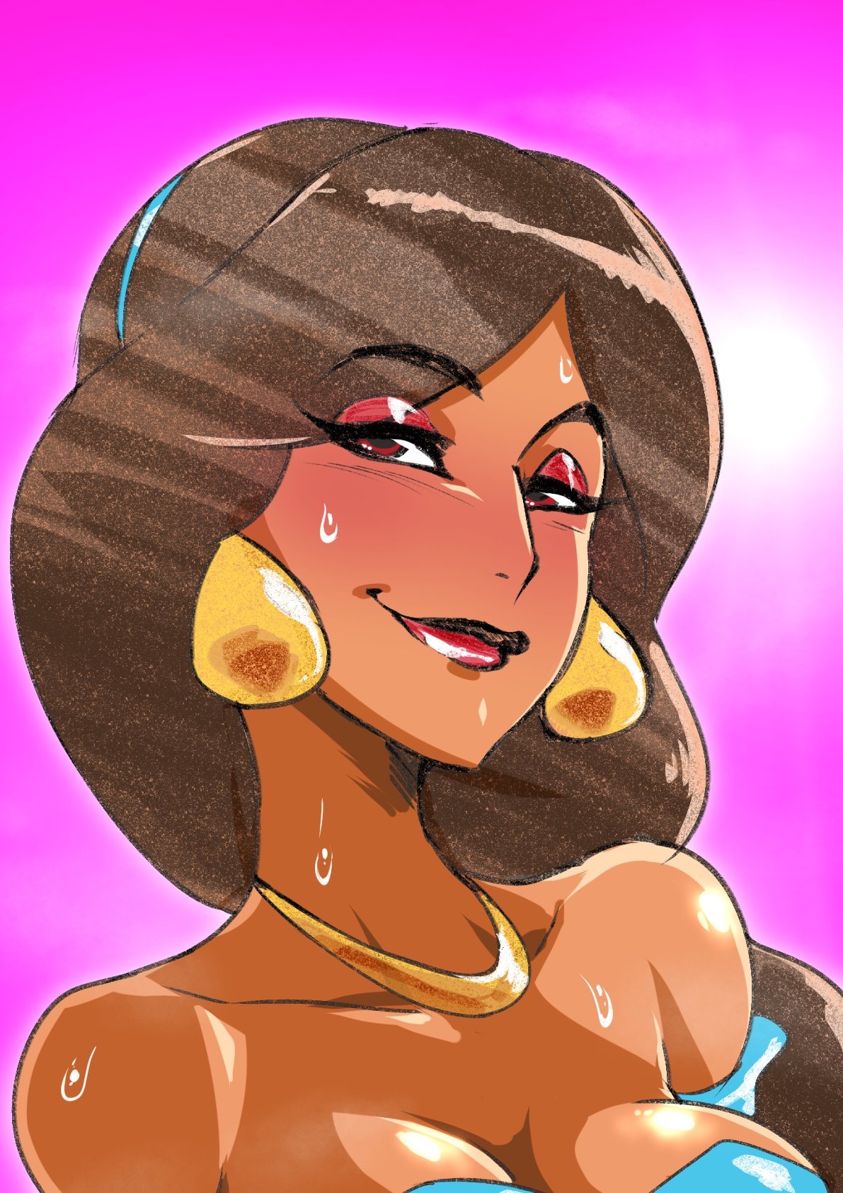 1girls, aladdin, arabian, bimbo, cleavage, disney, disney princess, earrings, eyeshadow, female, lips, lipstick, long hair, looking at viewer, makeup, naughty face, necklace, princess jasmine, sweat, zxcv