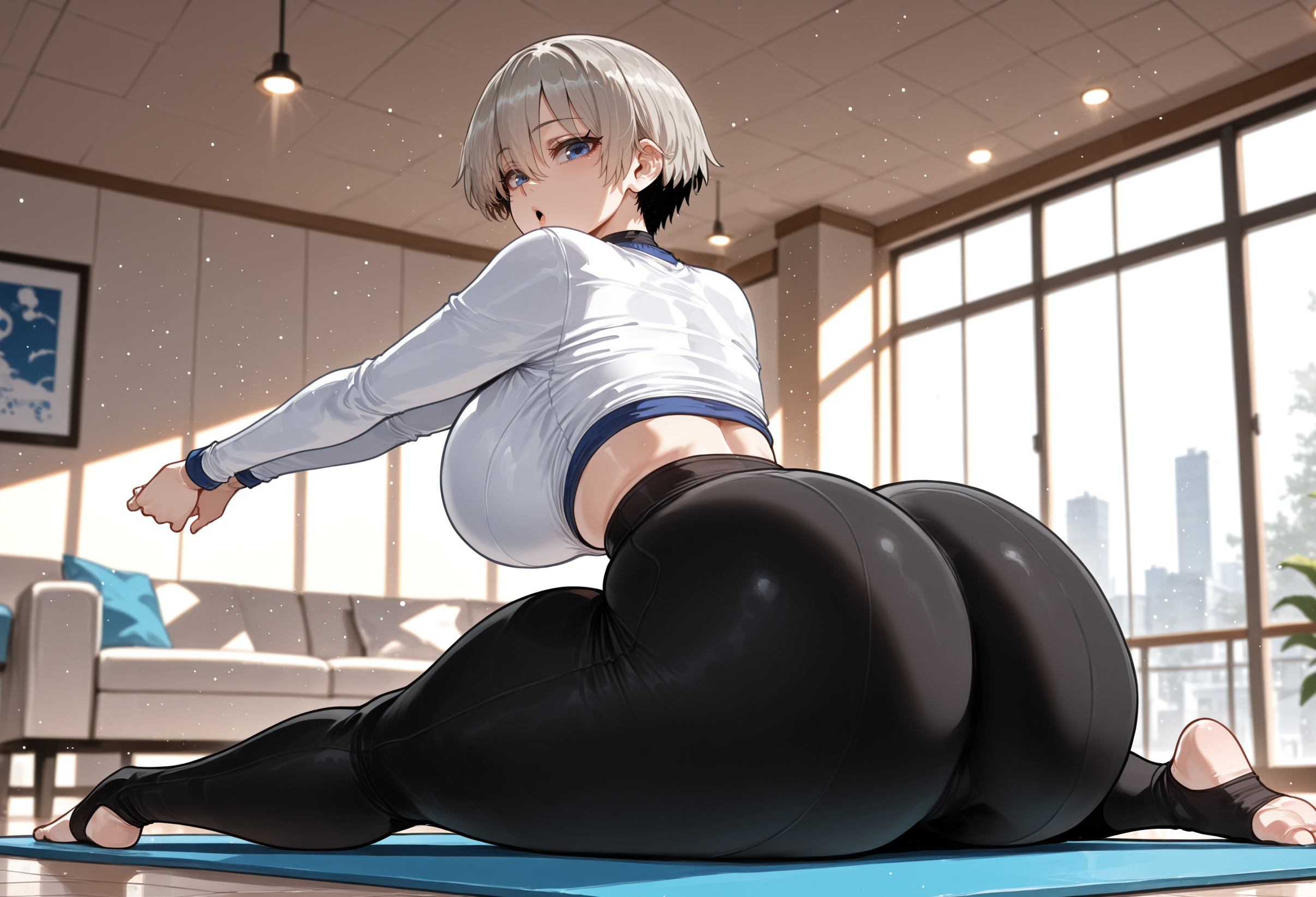 ai generated, attractive, attractive body, attractive female, big ass, big breasts, big butt, big thighs, blue eyes, breasts, breasts bigger than head, busty, curvy, cute, fat ass, fat butt, female, female only, giant breasts, gray hair, hot, huge ass, huge breasts, huge butt, huge thighs, massive ass, massive breasts, massive butt, miyuai, seductive, sexy, sexy body, sexy female, silver hair, thick, thick ass, thick body, thick booty, thick butt, thick legs, thick thighs, uzaki hana, uzaki-chan wa asobitai!, yoga, yoga mat, yoga pants, yoga pose
