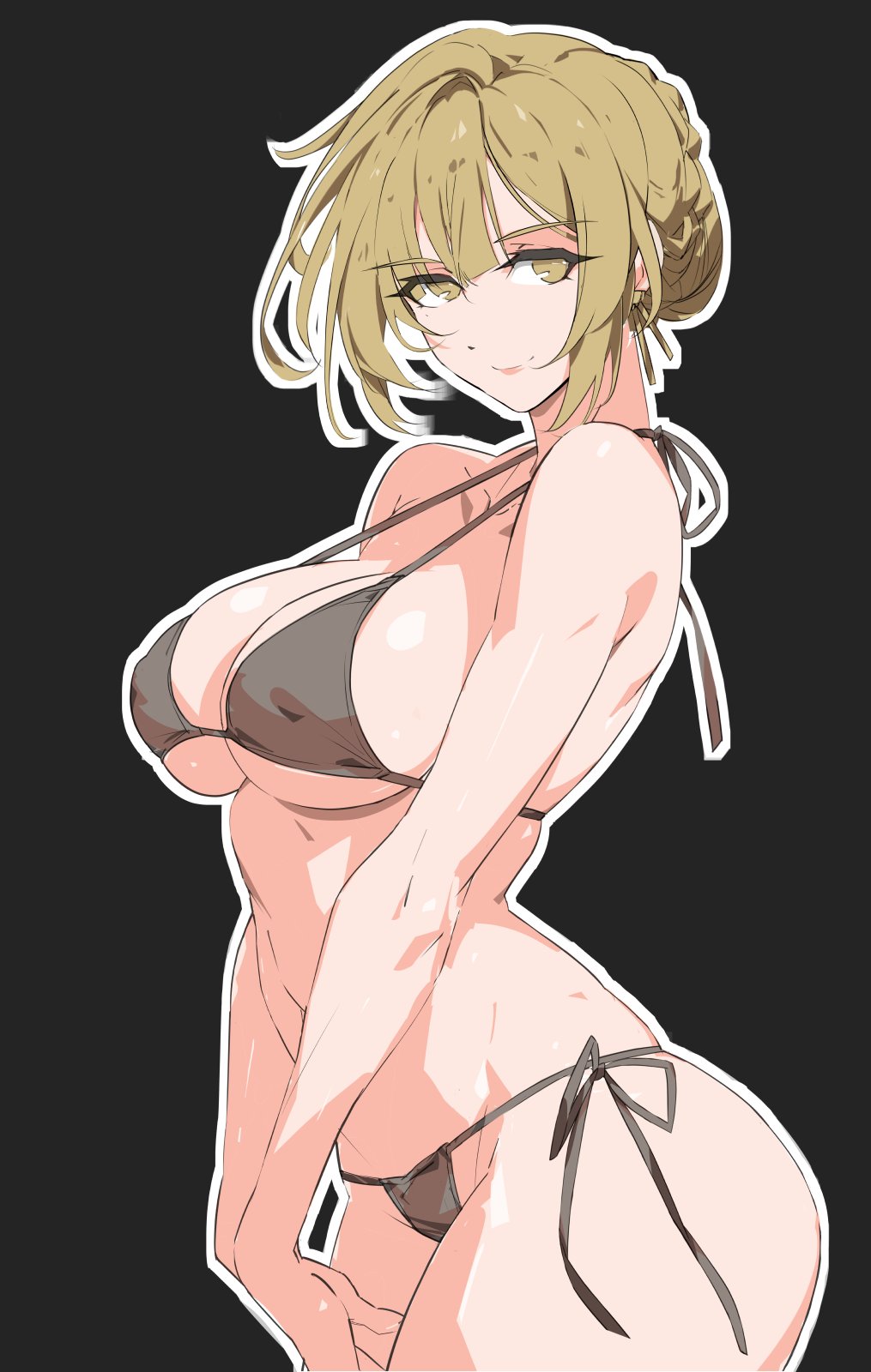 ass visible through thighs, bikini, black bikini, covered erect nipples, evelyn chevalier, from side, huge ass, huge breasts, kili kilio, smile, stars of lyra, thick thighs, wide hips, zenless zone zero