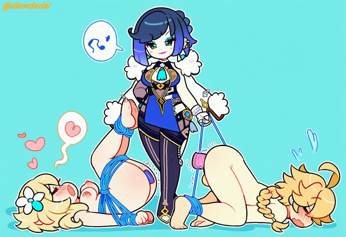 1boy, 2girls, aether (genshin impact), ai assisted, ai generated, bondage, bound, dlewdedai, femdom, genshin impact, lumine (genshin impact), male penetrating, malesub, strap-on, vibrator in ass, vibrator in pussy, yelan (genshin impact)