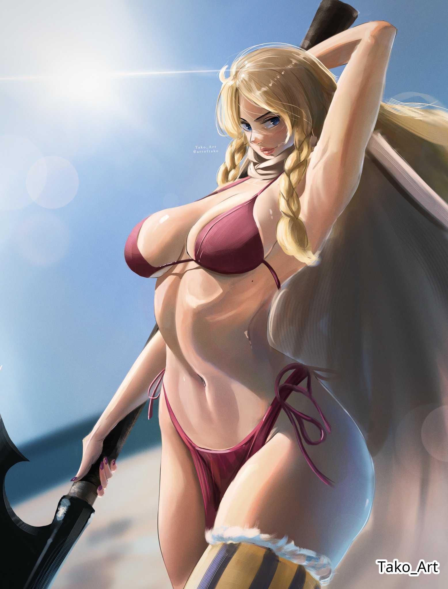 1girls, 2d, 2d (artwork), 2d artwork, adult, adult female, arm behind head, armpit, armpit crease, armpit peek, armpits, axe, baddie, bare armpits, bare arms, bare belly, bare chest, bare hands, bare hips, bare midriff, bare navel, bare shoulders, bare skin, bare thighs, belly, belly button, bewitching thighs, big breasts, bikini, bikini bottom, bikini top, blade, blonde female, blonde hair, blonde hair female, blonde-haired female, blue eyes, blue sky, blue-eyed female, blurred background, blurry background, braid, braided hair, braided pigtails, braids, breasts, breasts apart, busty, busty female, busty girl, cape, child bearing hips, cleavage, closed mouth smile, collarbone, curvaceous, curvaceous body, curvaceous female, curvaceous figure, curvaceous hips, curvy, curvy body, curvy female, curvy figure, curvy hips, day, daylight, daytime, digital, digital art, digital drawing, digital drawing (artwork), digital media, digital media (artwork), drawing, elbows, exposed armpits, exposed arms, exposed belly, exposed chest, exposed hips, exposed midriff, exposed navel, exposed shoulders, exposed skin, exposed thighs, female, female focus, female only, fertile hips, fingernails, fingers, fit female, gerd (one piece), giant, giantess, groin, hairless armpits, half naked, half nude, halterneck, hand behind head, head tilt, high resolution, highres, hip dips, hourglass figure, inframammary fold, inguinal crease, inguinal ligament, large boobs, large breasts, lean figure, legwear, light smile, linea alba, lips, long hair, looking at viewer, looking sideways, looking to the side, mature, mature female, midriff, mole, nail polish, nails, naked, naked female, naked woman, narrow waist, navel, nude, nude female, nudity, one piece, one piece: elbaf arc, orange legwear, orange stockings, orange thigh highs, orange thighhighs, outdoor, outdoor nudity, outdoors, outside, parted bangs, posing, posing for the viewer, posing naked, posing nude, post-timeskip, presenting armpit, purple fingernails, purple nail polish, purple nails, red bikini, red bikini bottom, red bikini top, red swimsuit, red swimwear, seductive, seductive armpits, seductive body, seductive cleavage, seductive female, seductive hips, seductive pose, seductive posing, seductive thighs, seductive woman, semi nude, serratus anterior, shaved armpits, shiny breasts, shiny hair, shiny legs, shiny skin, shiny thighs, shoulders, shueisha, sky, slender body, slender waist, slim female, slim waist, smile, smiley face, smiling, smiling at viewer, solo, standing, stockings, stomach, string bikini, sunlight, sunlight rays, swimsuit, swimwear, tako art, thick thighs, thigh highs, thighhighs, thighs, tilted head, twin braids, upper body, weapon, weekly shonen jump, wide hips