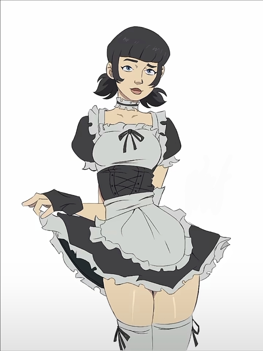 1girls, artist request, black hair, blue eyes, choker, female, female only, frilled choker, invincible, invincible (comics), invincible (tv series), light skin, light-skinned female, maid, maid outfit, maid uniform, skirt lift, tech jacket, tech jacket (zoe thompson), thighhighs, waist cincher, white background