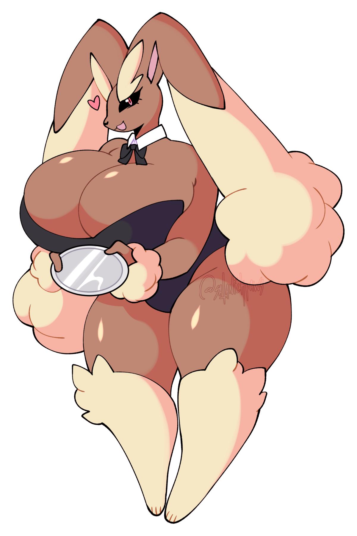 1girls 2019 anthro big_breasts big_ears black_sclera breasts bunny_costume chubby clothed clothing corset costume feet female furry furry_only heart hi_res huge_ass huge_breasts lagomorph leotard lingerie looking_at_viewer lopunny mammal nintendo open_mouth original_character paws pokémon_(species) pokemon pokemon_(species) pokemon_dppt satanickpaws signature simple_background solo standing text thick_thighs tray video_games voluptuous watermark wide_hips