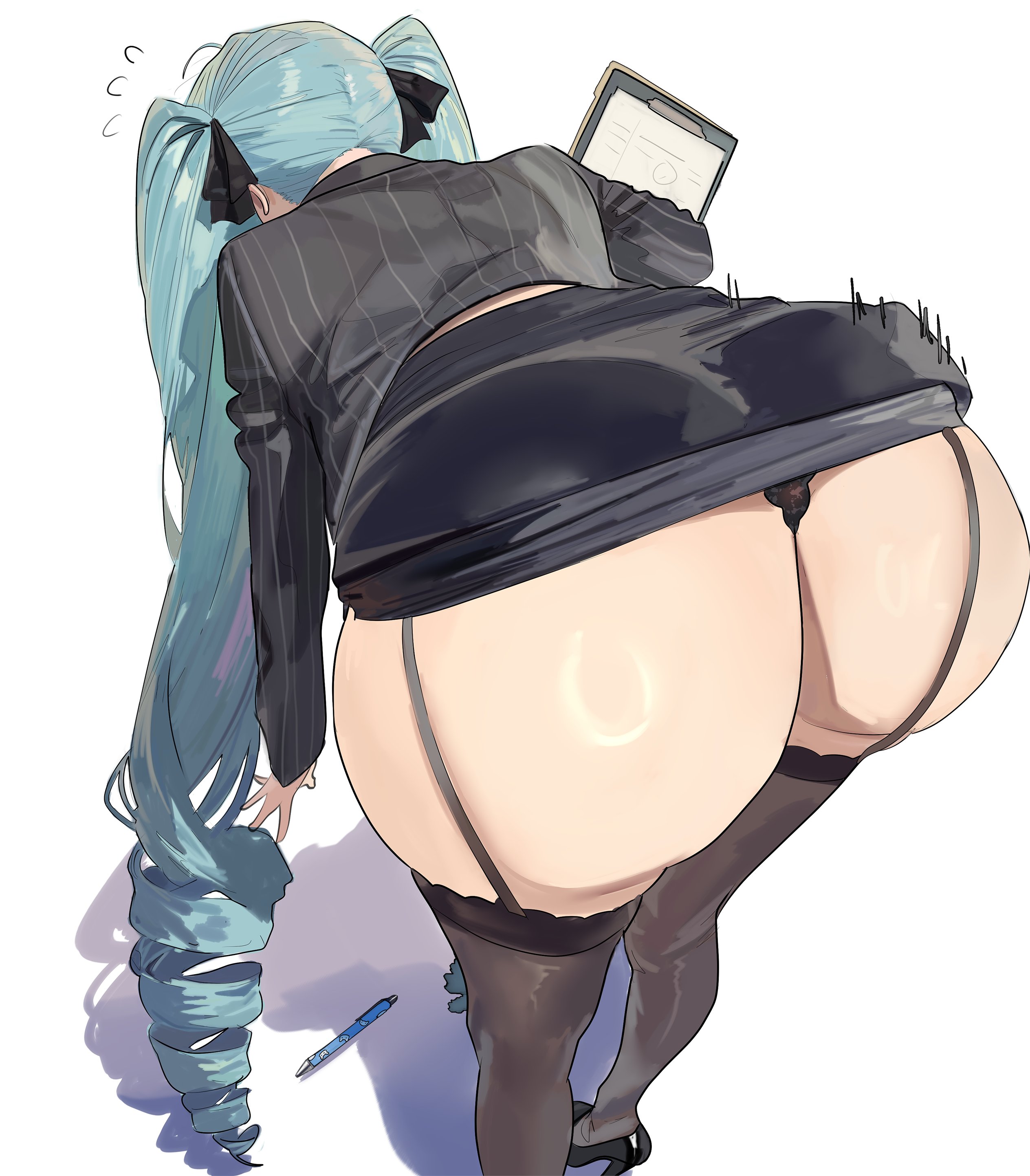 aqua hair, ass, ass focus, ass hanging out, ass hanging out of skirt, back, bending over, big ass, big butt, black jacket, black thighhighs, from behind, garter straps, goddess of victory: nikke, high heels, hintobento, holding object, lifted skirt, lingerie, official alternate costume, pencil skirt, pigtails, privaty (nikke), reach around, skirt, teacher, thighhighs, very long hair
