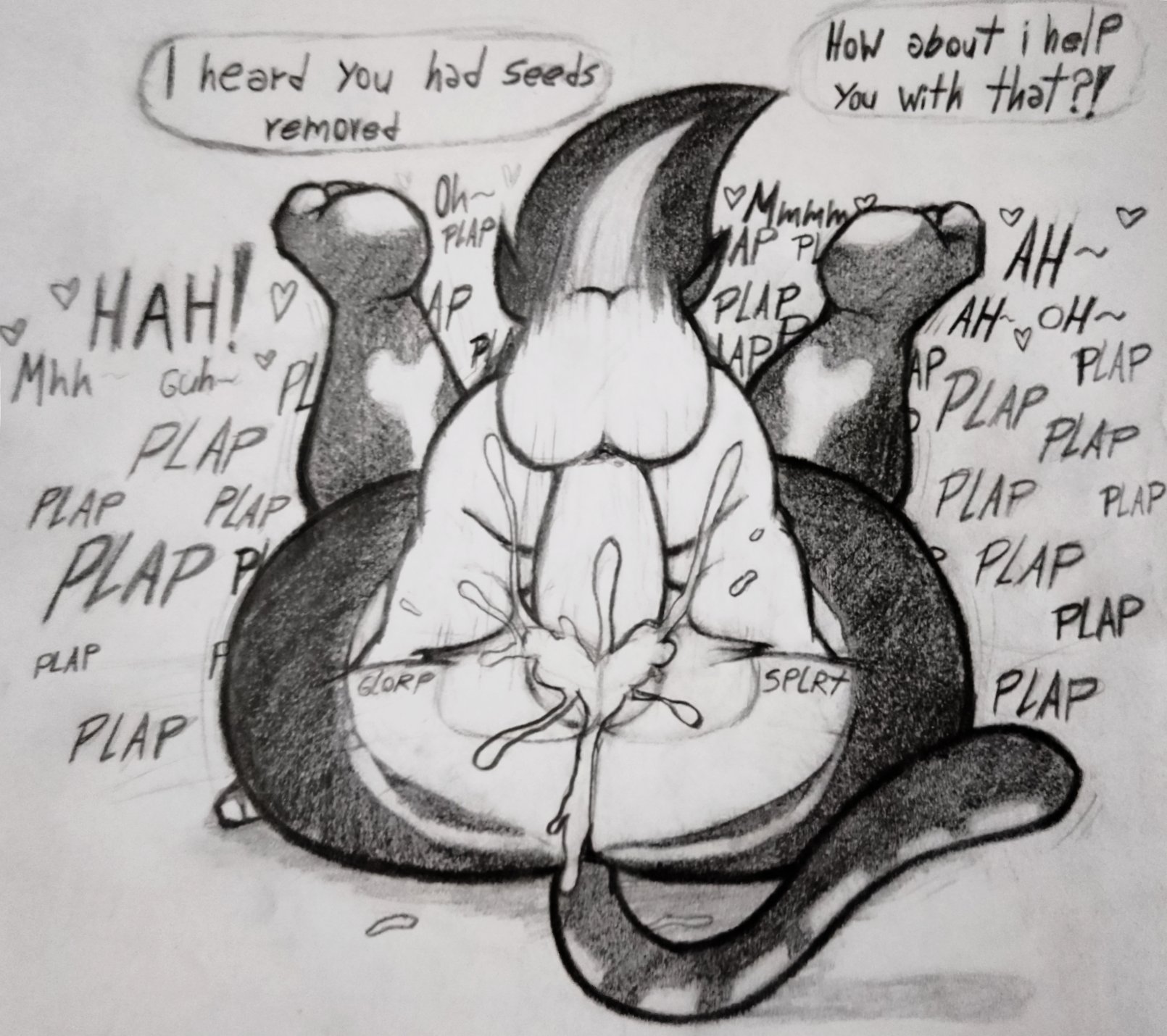 1boy, 1girls, axolotl, axolotl humanoid, axolotl tail, balls, big ass, big penis, bodysuit, cat tail, coal (coalorgem), cock, cum, cum inside, fat ass, huge ass, huge balls, huge cock, huge penis, mating press, onomatopoeia, pencil (artwork), penis, plap (sound), rand0m 293, sex, simple background, size difference, spice (fortnite), tail, tail fin, testicles, text, torn clothes, traditional media (artwork)