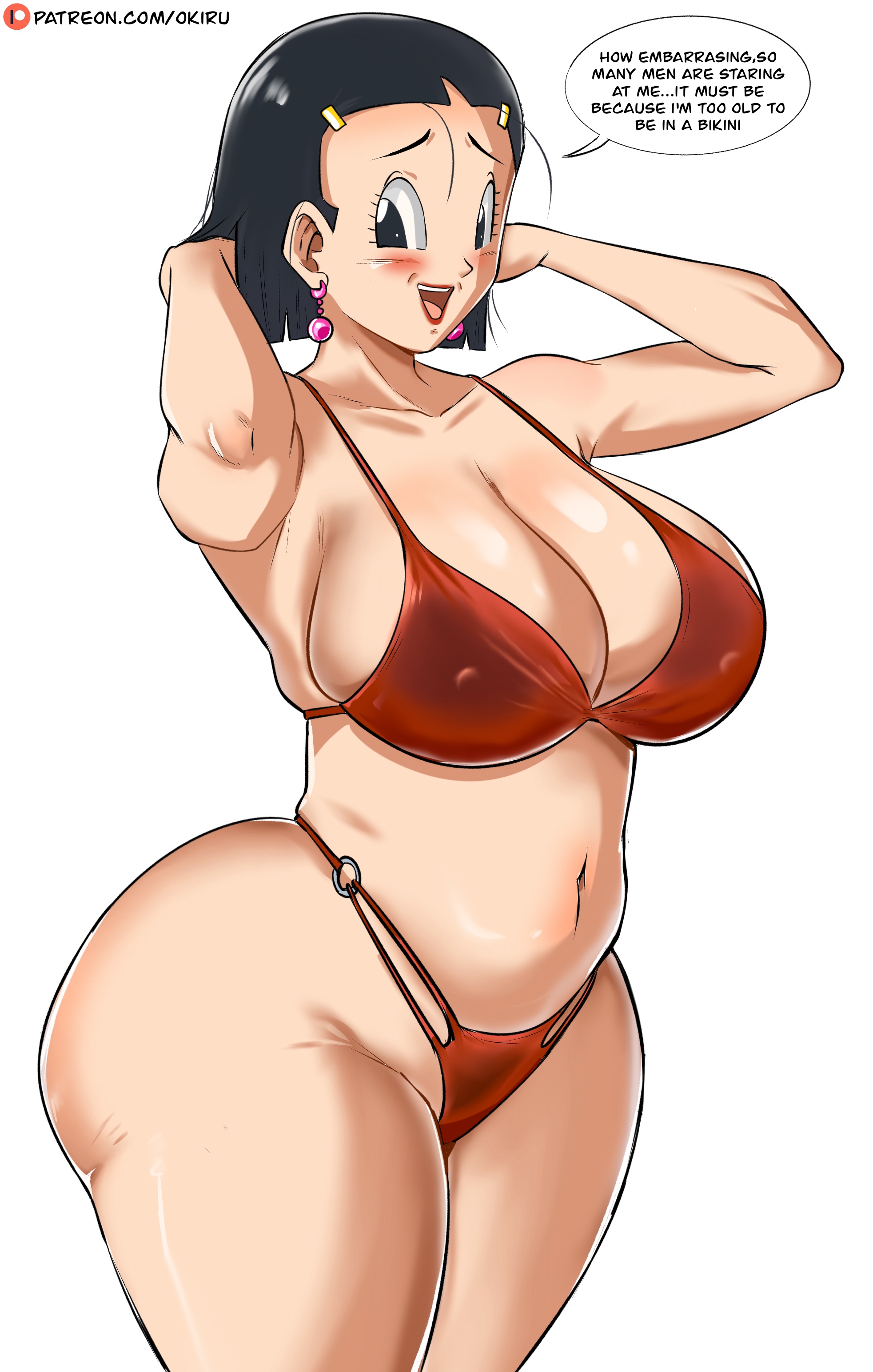 armpits, arms behind back, belly, belly button, big ass, black hair, blush, blushing at viewer, chichi, chichi (dragon ball), dragon ball, female only, looking at viewer, nervous, nervous smile, nipples visible through bikini, panarandom, red bikini, short hair, text bubble, thick thighs, thighs