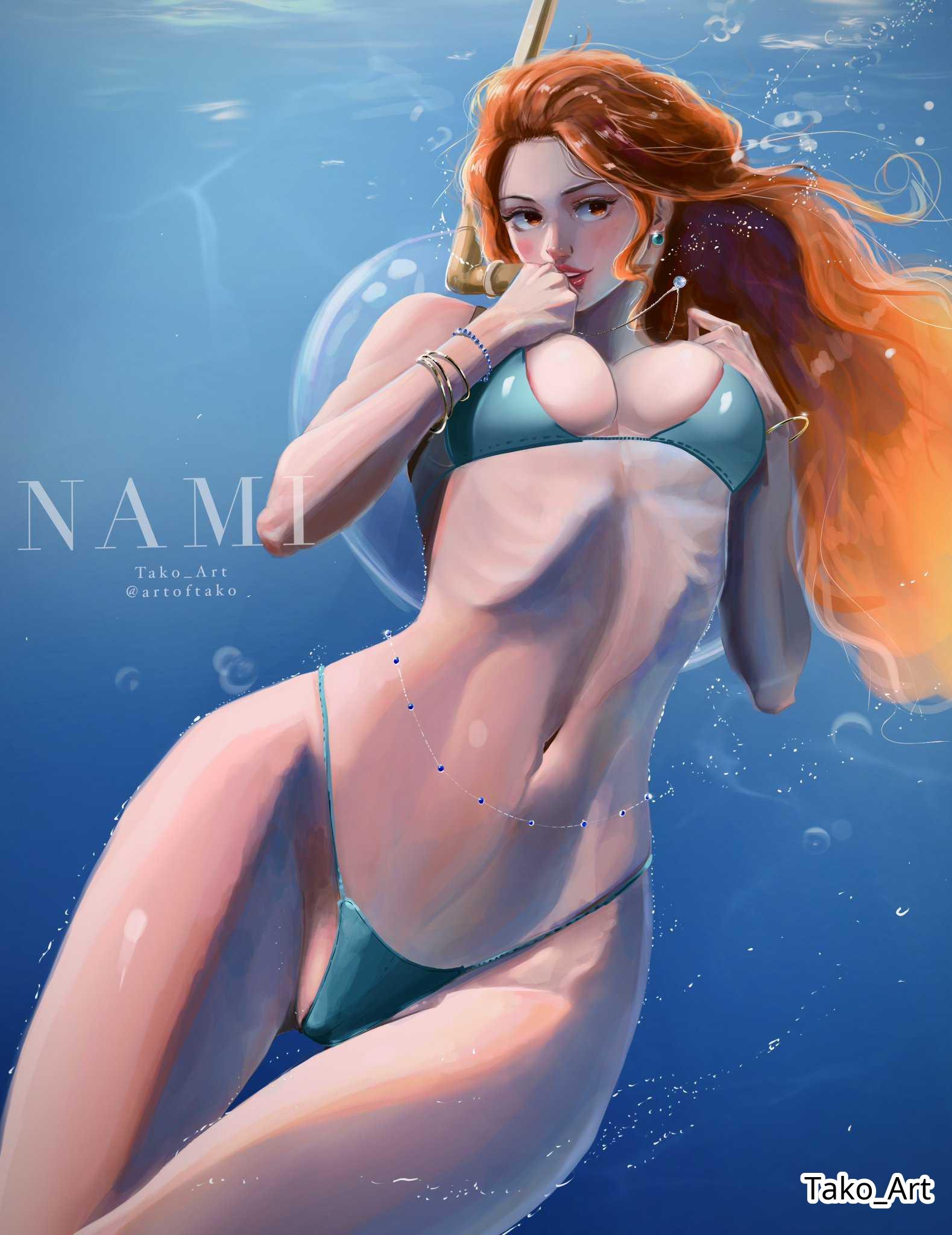 1girls, 2d, 2d (artwork), 2d artwork, adult, adult female, baddie, bare arms, bare belly, bare hands, bare hips, bare legs, bare midriff, bare navel, bare shoulders, bare skin, bare thighs, belly, belly button, bewitching thighs, big breasts, bikini, bikini bottom, bikini only, bikini top, blue background, blue bikini, blue bikini bottom, blue bikini top, blue swimsuit, blue swimwear, bracelet, bracelets, breasts, busty, busty female, busty girl, child bearing hips, collarbone, curvaceous, curvaceous body, curvaceous female, curvaceous figure, curvaceous hips, curvy, curvy body, curvy female, curvy figure, curvy hips, digital, digital art, digital drawing, digital drawing (artwork), digital media, digital media (artwork), drawing, earrings, elbows, exposed arms, exposed belly, exposed hips, exposed legs, exposed midriff, exposed navel, exposed shoulders, exposed skin, exposed thighs, female, female focus, female only, fertile hips, fit female, ginger, ginger hair, groin, halterneck, hand on chest, hand on own chest, hands on chest, hands on own chest, head tilt, high resolution, highres, hourglass figure, inframammary fold, inguinal crease, inguinal ligament, large boobs, large breasts, lean figure, legs closed, legs together, linea alba, lips, long hair, looking at viewer, looking down, looking down at viewer, mature, mature female, midriff, nami (one piece), narrow waist, navel, necklace, one piece, open mouth, orange eyebrows, orange eyes, orange hair, orange hair female, orange-eyed female, orange-haired female, parted lips, posing, posing for the viewer, post-timeskip, ribs, shoulders, shueisha, simple background, skindentation, skinny, skinny female, skinny girl, skinny waist, slender body, slender waist, slim female, slim waist, snorkel, snorkeling, solo, stomach, string bikini, swimsuit, swimwear, tako art, thick thighs, thigh gap, thighs, thighs together, thong bikini, tilted head, tongue, underboob, underwater, underwater view, upper body, upper teeth, wavy hair, weekly shonen jump, wide hips