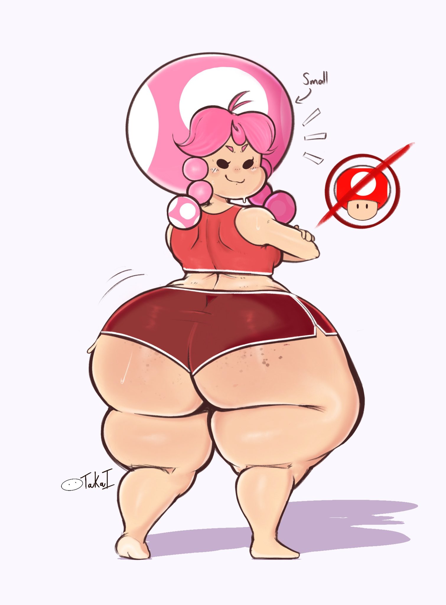 1girls, ass, ass freckles, big ass, bike shorts, booty shorts, bottom heavy, crossed arms, female, freckles, freckles on ass, huge ass, looking back, mario (series), nintendo, pigtails, pink hair, super mario bros., takaidraws, thick thighs, toad (mario), toadette, wide hips