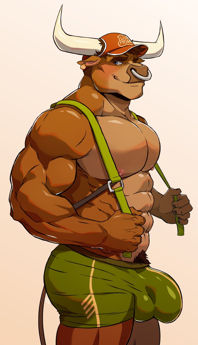 2019 abs anthro balls biceps blush bovid bovine bulge cattle clothed clothing hair horn humanoid looking_at_viewer male male_only mammal muscular muscular_male nipples pecs penis rsotart simple_background smile solo solo_male standing