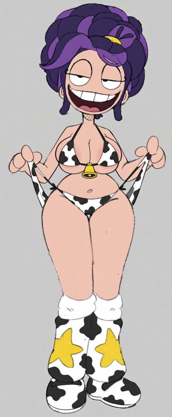 1girls, 2026, 2d, 2d (artwork), 2d artwork, ai assisted, alternate ass size, alternate body type, alternate breast size, alternate costume, animate inanimate, bedroom eyes, bell, big ass, big breasts, big butt, big hair, big thighs, black eyes, braid, braided hair, braided ponytail, braids, breasts, clothed, clothing, cow print, cow print bikini, curvy, curvy body, curvy female, curvy figure, digital art, digital drawing, digital drawing (artwork), digital media, digital media (artwork), digital painting (artwork), doll, doll girl, dressed, edit, edited, edited art, edited image, female, female focus, female only, full body, grey background, hair, hair bun, hourglass figure, hourglass figured female, humanoid, humanoid female, inanimate animate, lily lovebraids, living toy, long hair, mascot horror, mob entertainment, mob games, nipple slip, nipples visible through clothing, open mouth, panties, partially clothed, pear shaped, pear shaped female, pear-shaped figure, ponytail, ponytail (hair), ponytail female, poppy playtime, poppy playtime (chapter 5), pulled by self, pulling clothing, pulling panties, purple hair, seductive, seductive look, seductive pose, simple background, smile, smiling, smug, smug expression, smug face, smug grin, smug smile, solo, solo female, solo focus, spinarooz, thick, thick ass, thick butt, thick hips, thick legs, thick thighs, video games, wide hips, wide thighs