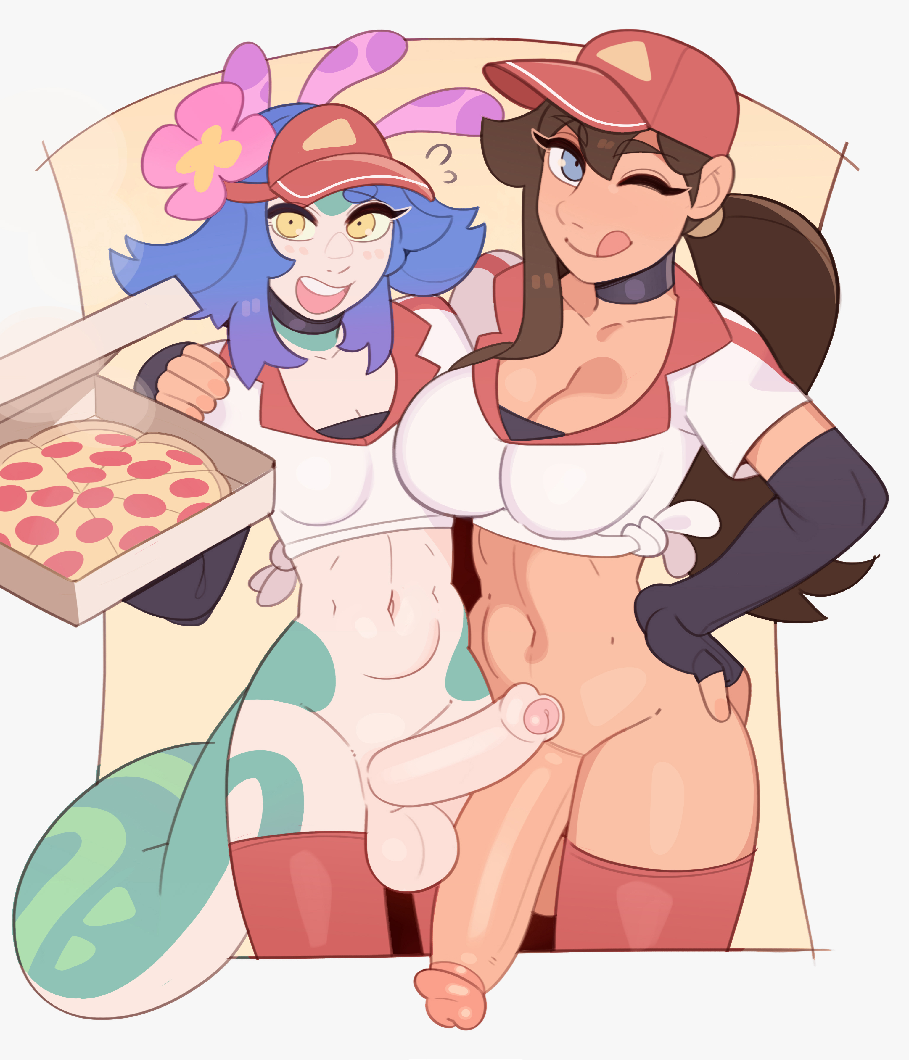2futas, balls, big cock, big penis, big thighs, blue eyes, blue hair, bottomless, breasts, brown hair, cock, culinary masters series, erect penis, futa only, futanari, huge cock, league of legends, looking at viewer, massive cock, massive penis, neeko, one eye closed, penis, pizza delivery sivir, riot games, sivir, splashbrush, thick thighs, thighhighs, thighs, tongue, vastaya, yellow eyes