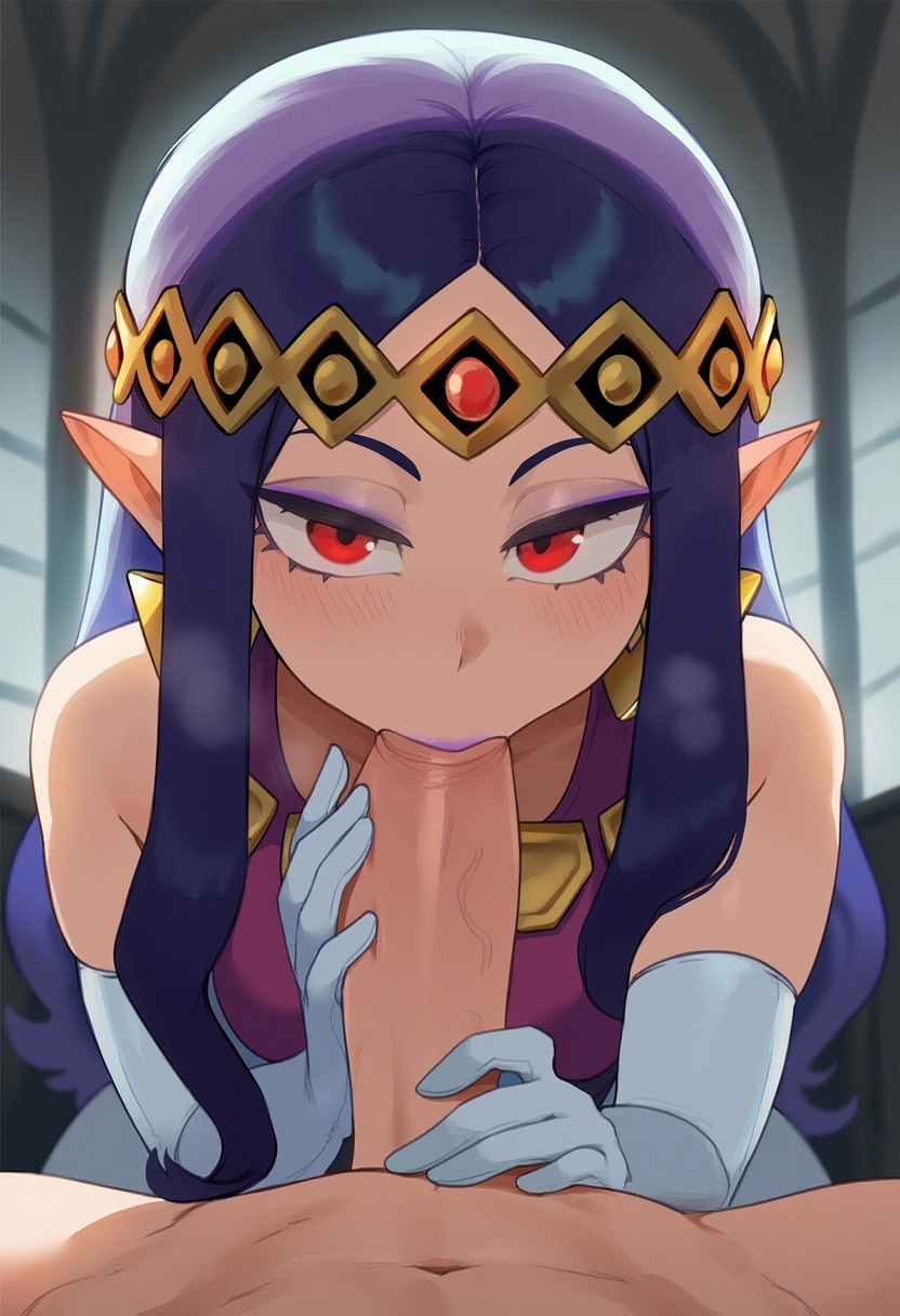 1boy, 1boy1girl, 1girls, 777form777, a link between worlds, ai generated, blush, breasts, earrings, fellatio, female, gloves, holding penis, jewelry, long hair, looking at viewer, makeup, male, oral, oral sex, penis, penis in mouth, playing skinflute, pointy ears, pov, pov crotch, pov eye contact, pov male, princess hilda, purple hair, purple lipstick, red eyes, simple background, sucking penis, sucking tip, the legend of zelda, tiara