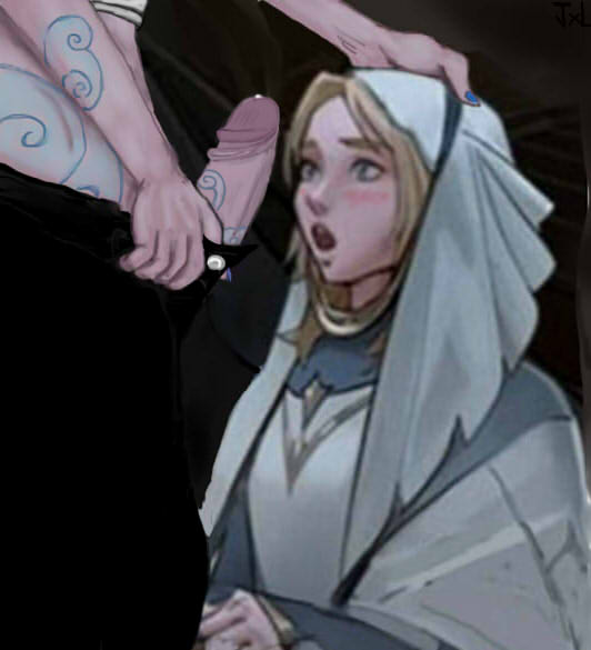 big penis, blonde hair, blue eyes, edit, futa on female, futanari, hand on head, inminent blowjob, jinx, jinx (league of legends), league of legends, lux, luxanna crownguard, ruborised, small breasts, tattoos