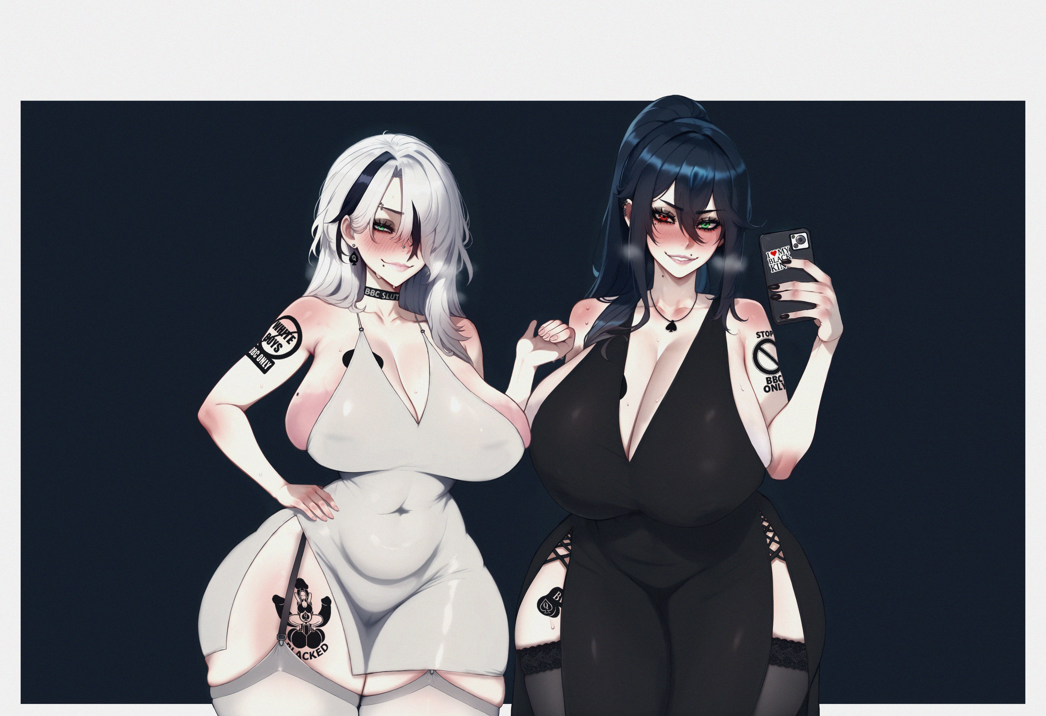2girls, ai assisted, areolae, asymmetrical docking, bangs, bare shoulders, belly, black dress, black hair, black legwear, black nails, black owned, blush, bnwo, body blush, breasts, cellphone, choker, collarbone, covered navel, curvy, curvy female, curvy figure, dress, garter belt, garter straps, gigantic breasts, green eyes, halter dress, heterochromia, high ponytail, hikkaria, holding object, holding phone, huge breasts, lace-trimmed legwear, lace-trimmed thighhighs, large areolae, long hair, looking at viewer, mole, mole above mouth, mole on body, mole on breast, mole under mouth, multicolored hair, navel, no bra, oc, original character, pale skin, pale-skinned female, pierced eyebrow, pierced nose, piercing, plump, qos, qos choker, qos tattoo, queen of spades, queen of spades symbol, queen of spades tattoo, red eyes, shiny skin, short dress, sleeveless, sleeveless dress, smartphone, smile, snowbunny, standing, stockings, streaked hair, sweat, thick, thick thighs, thighhighs, thighs, two tone hair, white legwear, wide hips