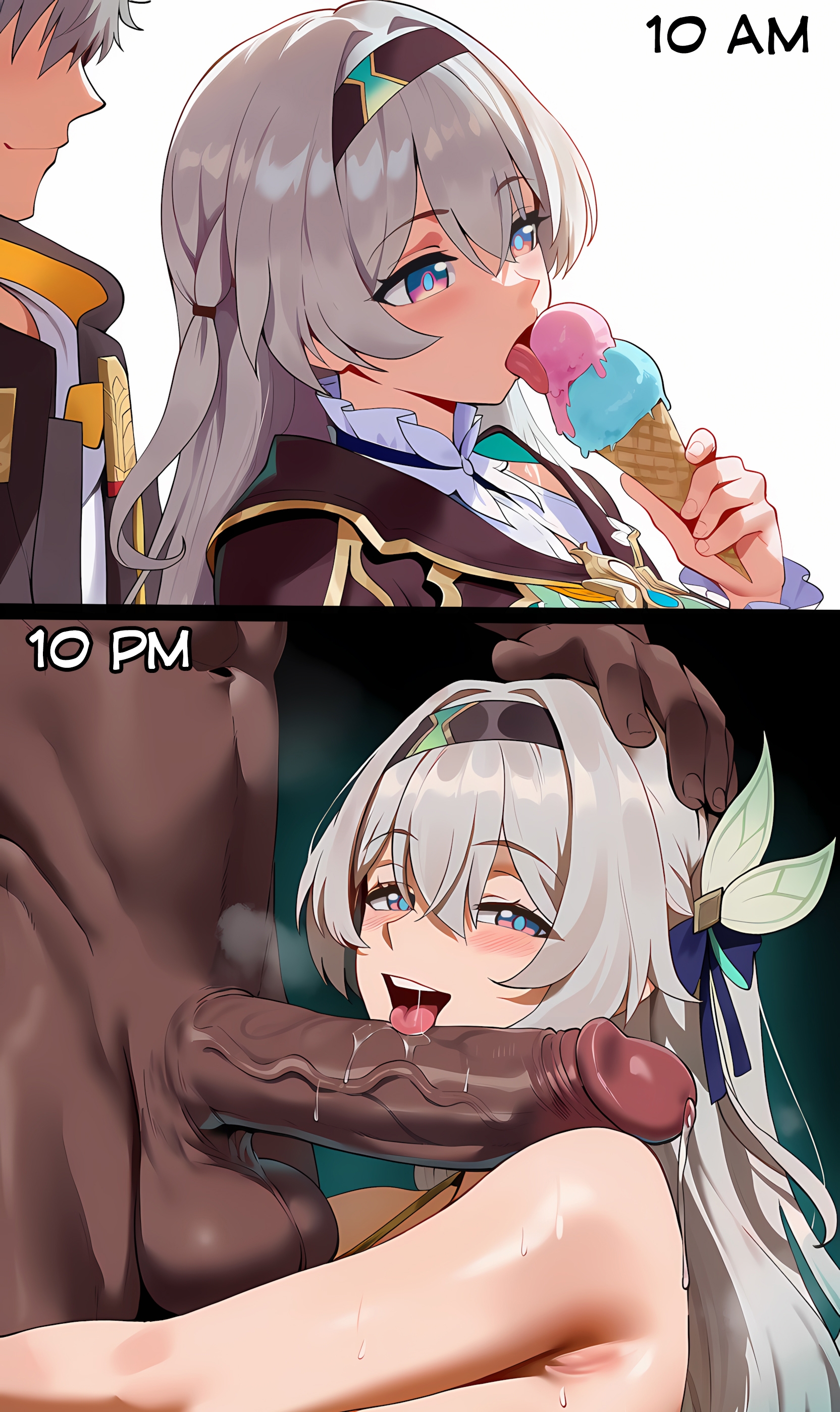 1girls, 2boys, 2koma, ai generated, big cock, big penis, caelus (honkai: star rail), cheating, cuckold, dark-skinned male, firefly (honkai: star rail), gray hair, himeno, honkai: star rail, hoyoverse, ice cream, interracial, licking cock, licking penis, light-skinned female, light-skinned male, mihoyo, netorare