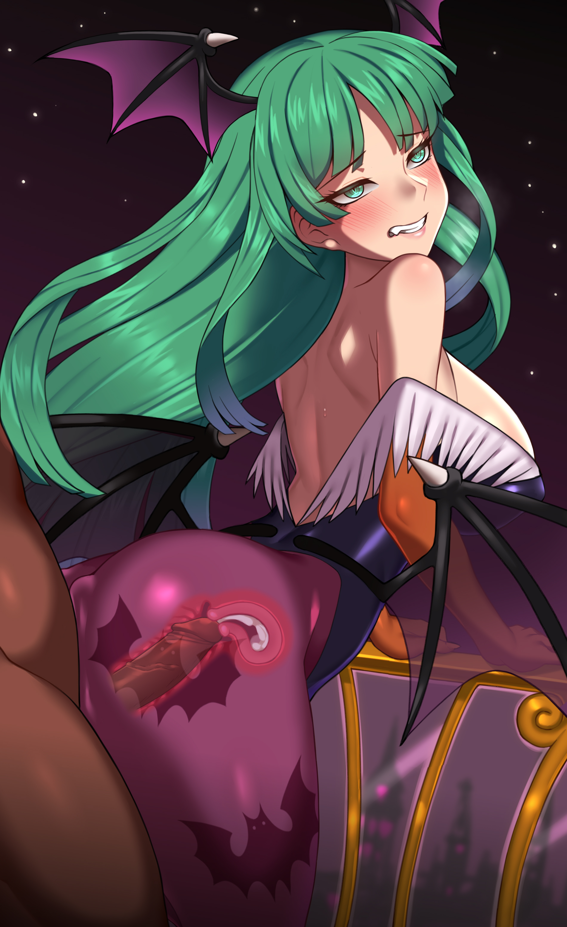 1boy, 1girls, ass, bare shoulders, blush, breasts, bridal gauntlets, clenched teeth, clothed sex, clothing, cross section, cum, cum in pussy, cum in uterus, cum inside, dark skin, dark-skinned male, darkstalkers, doggy style, fat ass, female, from behind, green eyes, green hair, head wings, interracial, large breasts, leotard, long hair, male, morrigan aensland, nt00, pantyhose, penetration, penis, pussy, sex, succubus, uterus, vaginal penetration, x-ray