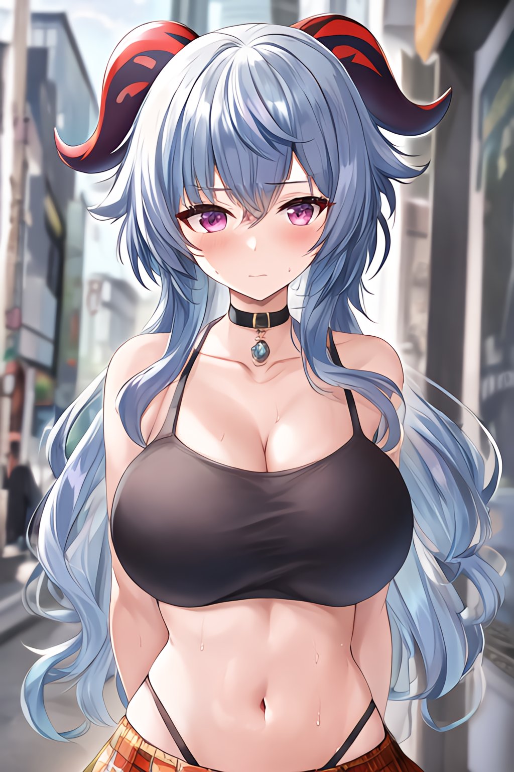 1girls, ai generated, alternate hairstyle, blue hair, blush, breasts, choker, city, cleavage, clothed, female, female only, ganyu (genshin impact), genshin impact, horns, huge breasts, light skin, light-skinned female, long hair, looking at viewer, nai diffusion, navel, outdoors, purple eyes, short skirt, skirt, slim waist, solo, stable diffusion, tank top, twintails
