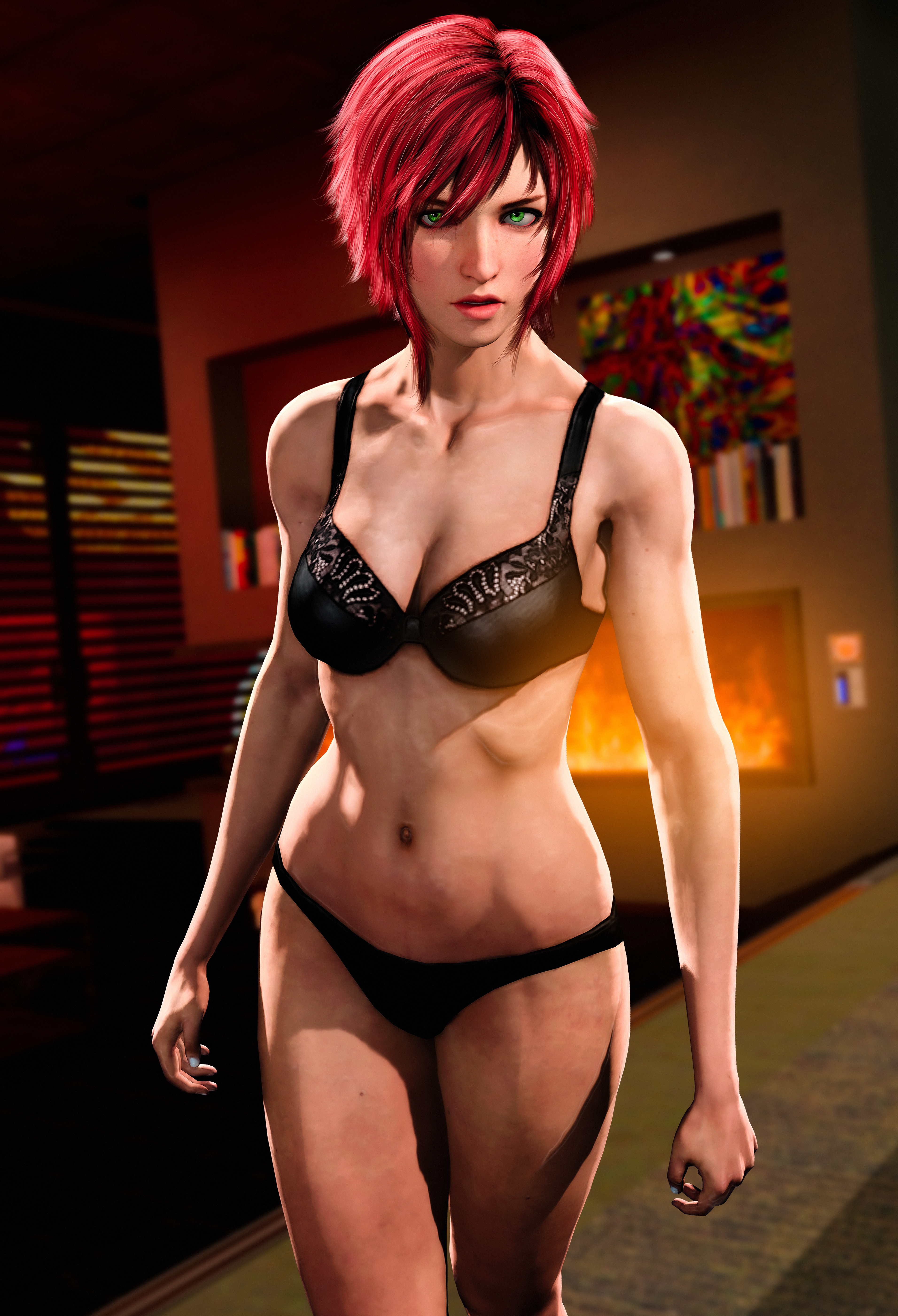 1girls, 2019, 3d, 3d (artwork), black bra, black panties, blush, bra, breasts, cleavage, commander shepard, facing viewer, female, female focus, female only, femshep, freckles, green eyes, human, human only, indoors, inside, light skin, light-skinned female, lingerie, lipstick, looking at viewer, lordhayabusa357, makeup, mass effect, medium breasts, navel, panties, pink lips, pink lipstick, red hair, sci-fi, science fiction, short hair, simple background, solo, solo female, standing, uncensored, underwear