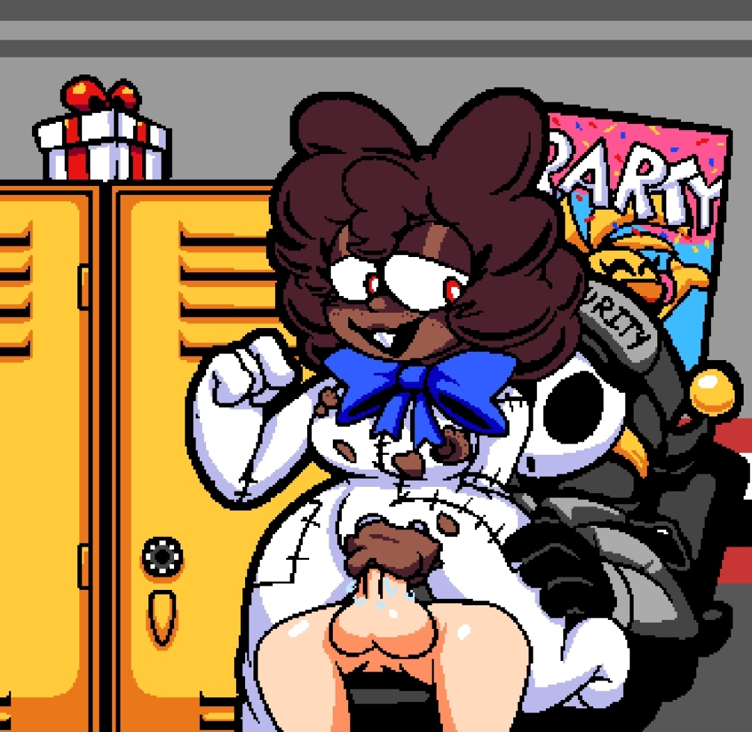 1boy, 1girls, 2d, 2d (artwork), 2d artwork, anti groove, breasts, breasts out, breasts out of clothes, breasts outside, brown hair, brown skin, brown skinned female, brown-haired female, buck teeth, buckteeth, bunny, bunny costume, bunny ear, bunny ears, bunnygirl, bunnysuit, costume, cowgirl position, dacomicjester, dajester, dark hair, dark skin, dark-skinned female, female, five nights at freddy's, five nights at frickbears, five nights at frickbears 3, fucked from behind, fucking, light skin, light-skinned male, male, male/female, mask, masked, penetration, penetration from behind, red eyes, riding, riding penis, shy guy mask, torn clothes, torn clothing, toy chica (fnaf), unmasked, vagina, vaginal penetration, vaginal sex, vannabelle (frickbears 3), vannabelle dewlap, vanny, vanny (fnaf), vanny (frickbears)