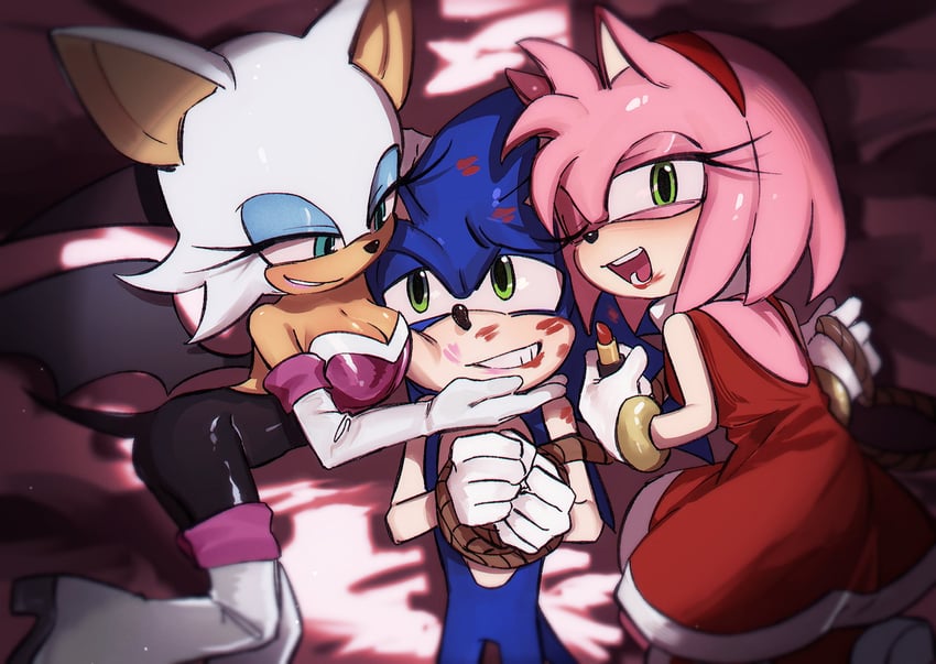 1boy, 2girls, amy rose, bare shoulders, bat ears, bat wings, blue eyes, bondage, bound, bound wrists, breasts, cleavage, cowboy shot, dress, femdom, green eyes, hand under chin, lipstick, lipstick mark, lying, lying on back, lying on bed, malesub, medium breasts, multiple girls, nervous smile, on back, on bed, one eye closed, rainbow party, red dress, restrained, rope, rope bondage, rouge the bat, satosi peter, sonic (series), sonic the hedgehog, sonic the hedgehog (series), straight