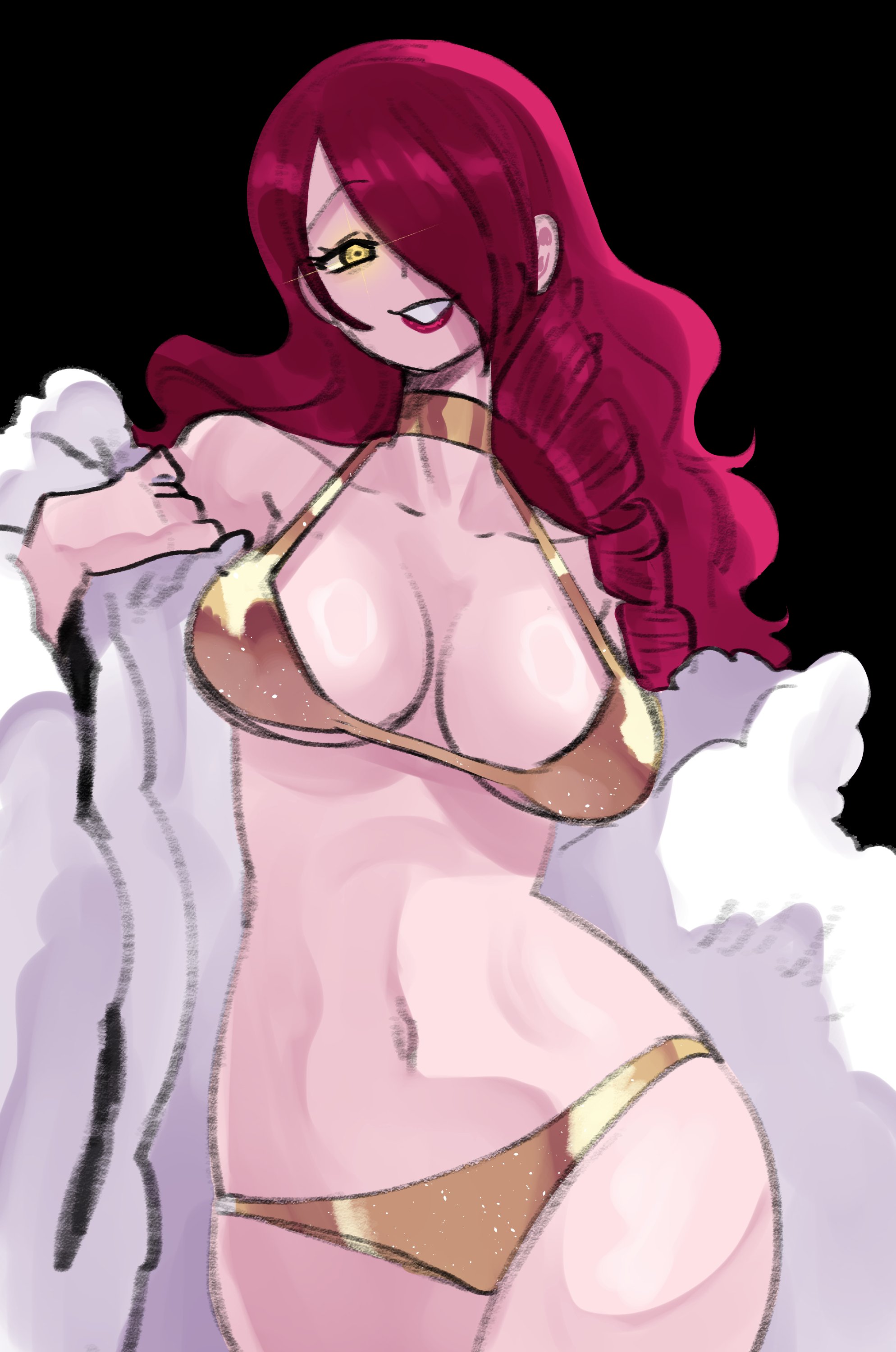 atlus, breasts, choker, coat, collarbone, cowboy shot, dark persona, drill hair, evil grin, evil smile, female, fur coat, glowing eyes, gold bikini, gold choker, grin, hair over one eye, kirijou mitsuru, large breasts, lipstick, long hair, looking at viewer, makeup, mitsuru kirijo, open clothes, open coat, persona, persona 3, persona 4 arena, persona 4: the ultimate in mayonaka arena, red hair, red lipstick, shadow (persona), shadow mitsuru, shadow self (persona), solo, solo female, swimsuit, wanderjegson, wavy hair, white coat, yellow eyes