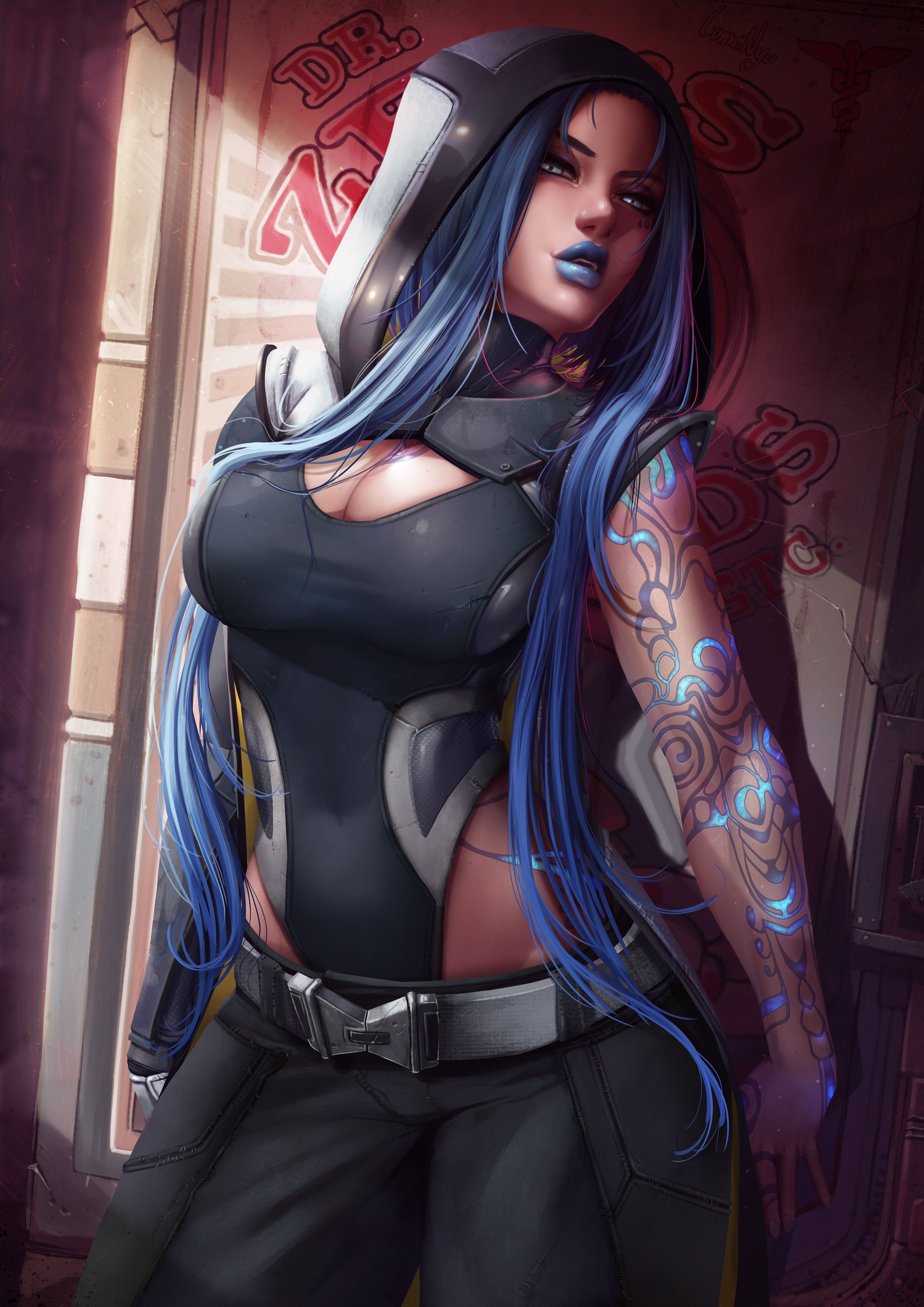 1girls, 2d, artist name, big breasts, blue eyes, blue hair, blue lipstick, body markings, borderlands, borderlands 3, breasts, female, female only, glowing markings, glowing tattoo, grey eyes, hair, hips, hood, large breasts, light skin, light-skinned female, lips, luminyu, makeup, maya (borderlands), open mouth, pale skin, pale-skinned female, pinup, sensual, siren (borderlands), siren markings, solo, solo female, solo focus, tagme, tattoo, thick thighs, thighs