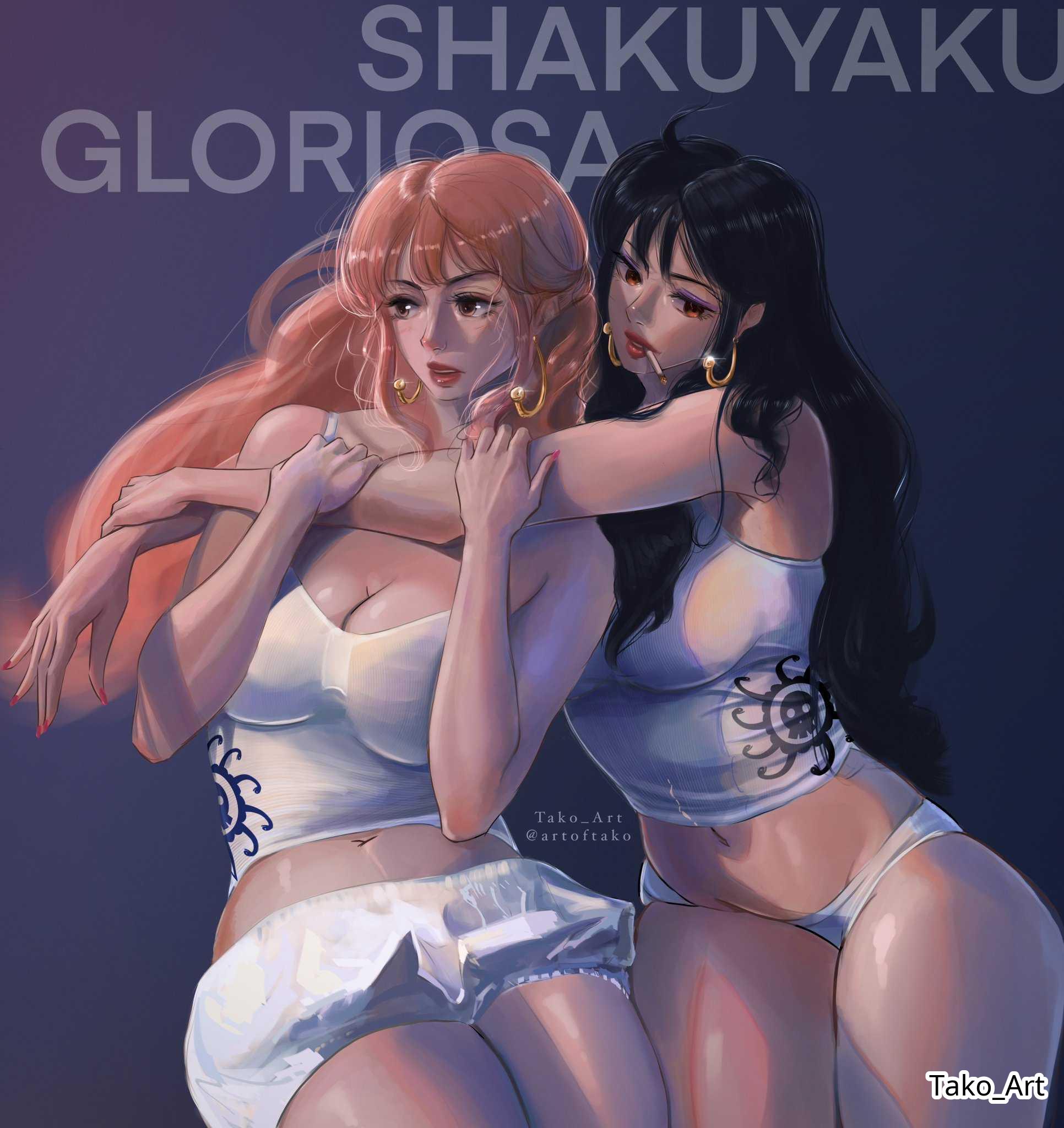 2d, 2d (artwork), 2d artwork, 2girls, adult, adult female, arm around another, arm around back, arm around shoulder, arm around shoulders, armpits, belly, belly button, big breasts, black hair, black-haired female, braid, braided hair, braids, breasts, brown eyes, brown hair, brown-eyed female, brown-haired female, busty, busty female, busty girl, cigarette, cigarette in mouth, cleavage, collarbone, digital, digital art, digital drawing, digital drawing (artwork), digital media, digital media (artwork), drawing, duo, earrings, elbows, female, female focus, female only, fingernails, fingers, gloriosa (one piece), groin, half up half down braid, half updo, hand on another's arm, hand on arm, high resolution, highres, hourglass figure, large boobs, large breasts, lean figure, legs closed, legs together, lips, long hair, mature, mature female, midriff, multiple females, multiple girls, nail polish, nails, narrow waist, navel, older female, one piece, open mouth, panties, parted lips, posing, post-timeskip, purple background, red fingernails, red nail polish, red nails, shakuyaku, shoulders, shueisha, simple background, skindentation, slender body, slender waist, slim female, slim waist, smoking, smoking cigarette, snake earrings, tako art, tank top, thick thighs, thighs, thighs together, tongue, topwear, underwear, upper body, upper teeth, wavy hair, weekly shonen jump, white panties, white tank top, white topwear, white underwear, wide hips
